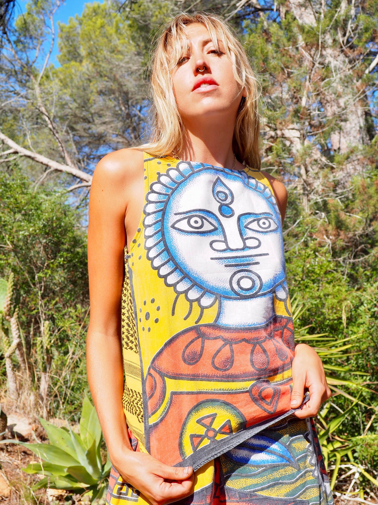 Up-cycled cotton funky bright colourful patchwork printed vest t-shirt top by Vagabond Ibiza