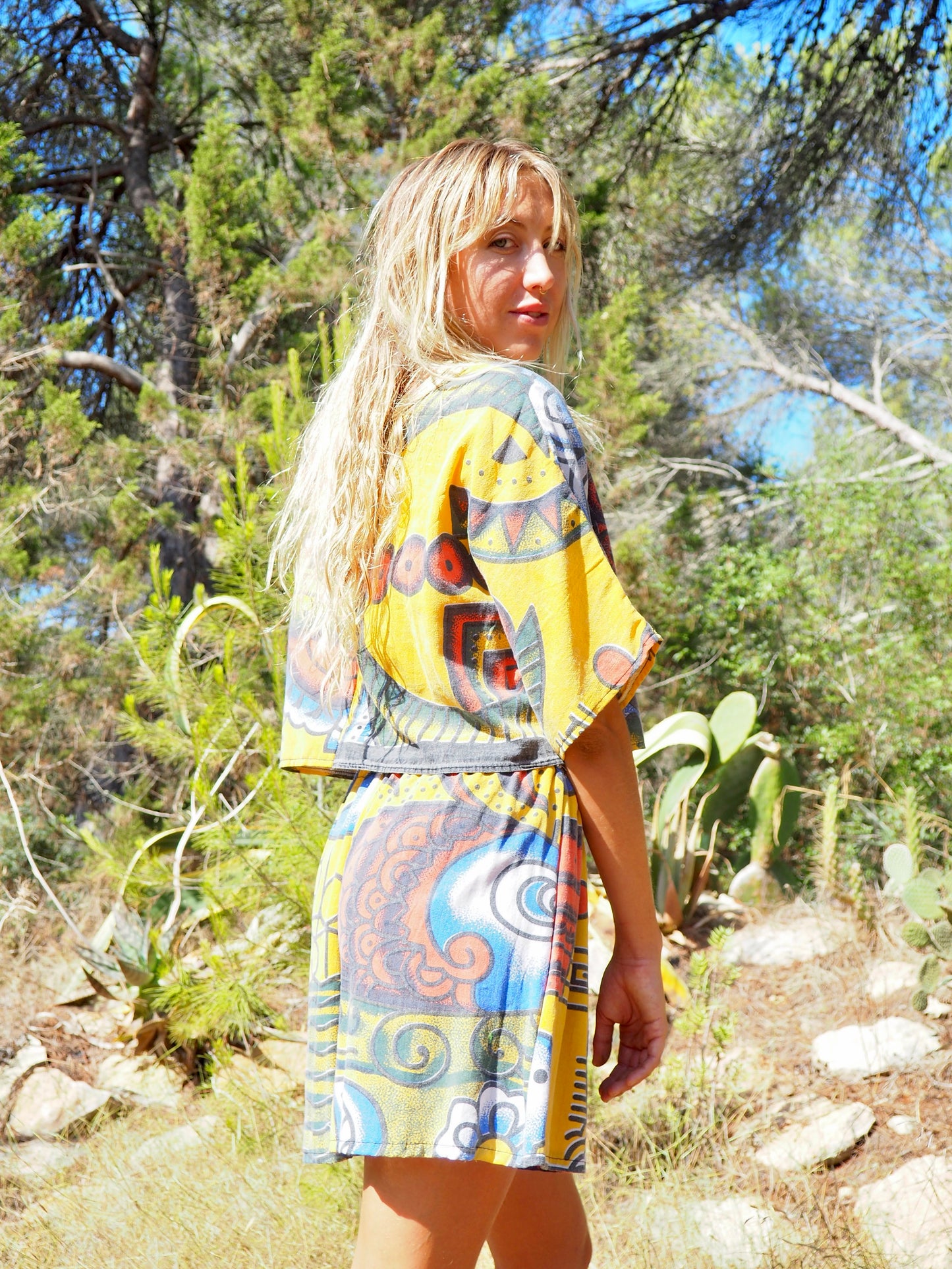 Up-cycled cotton Top with face red blue and yellow print up-cycled by Vagabond Ibiza