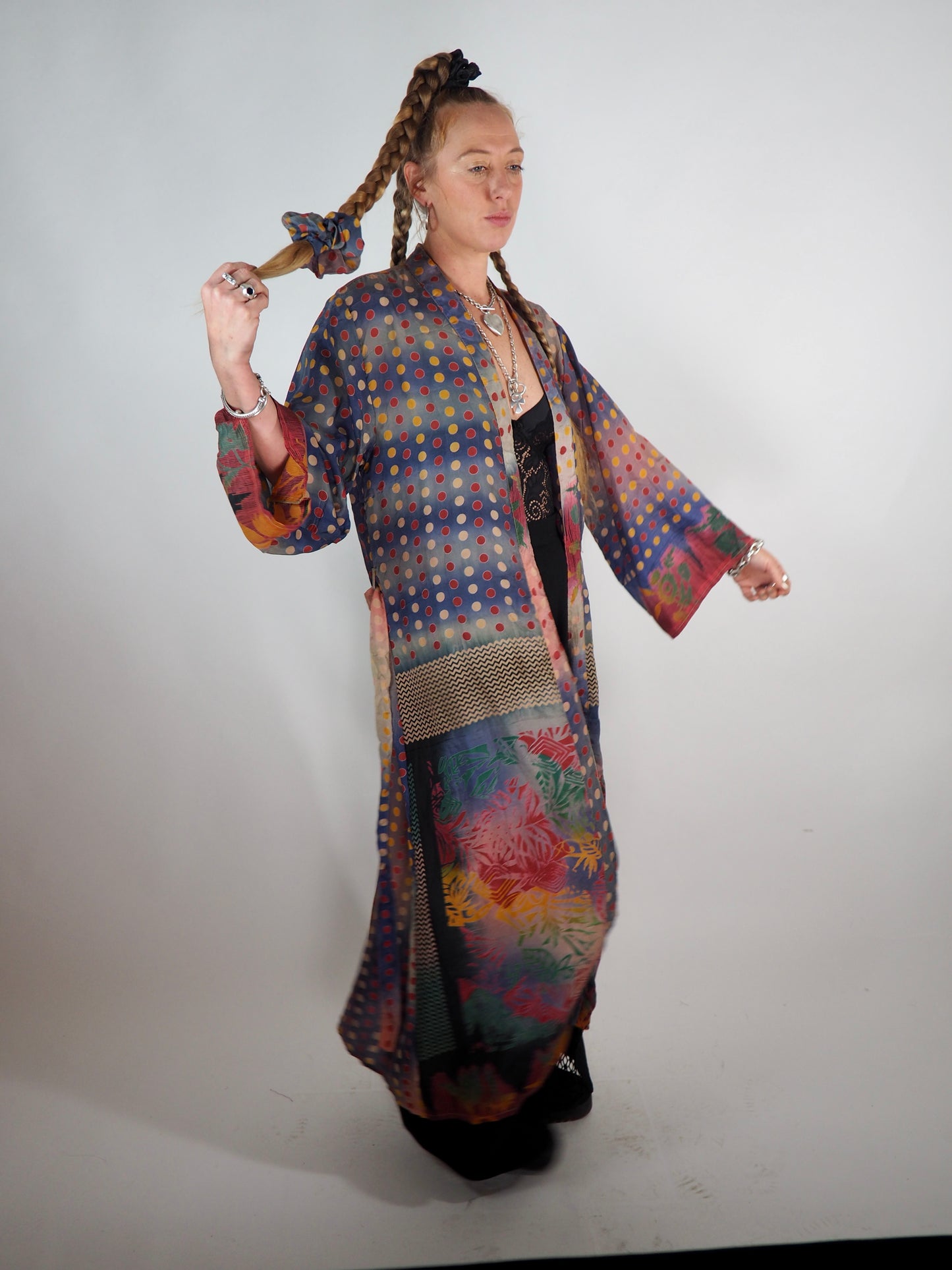 The Kardash Long Kimono – Up-cycled Vintage Sari long Kimono Robe with Waist Tie + Matching Scrunchy & Storage Bag