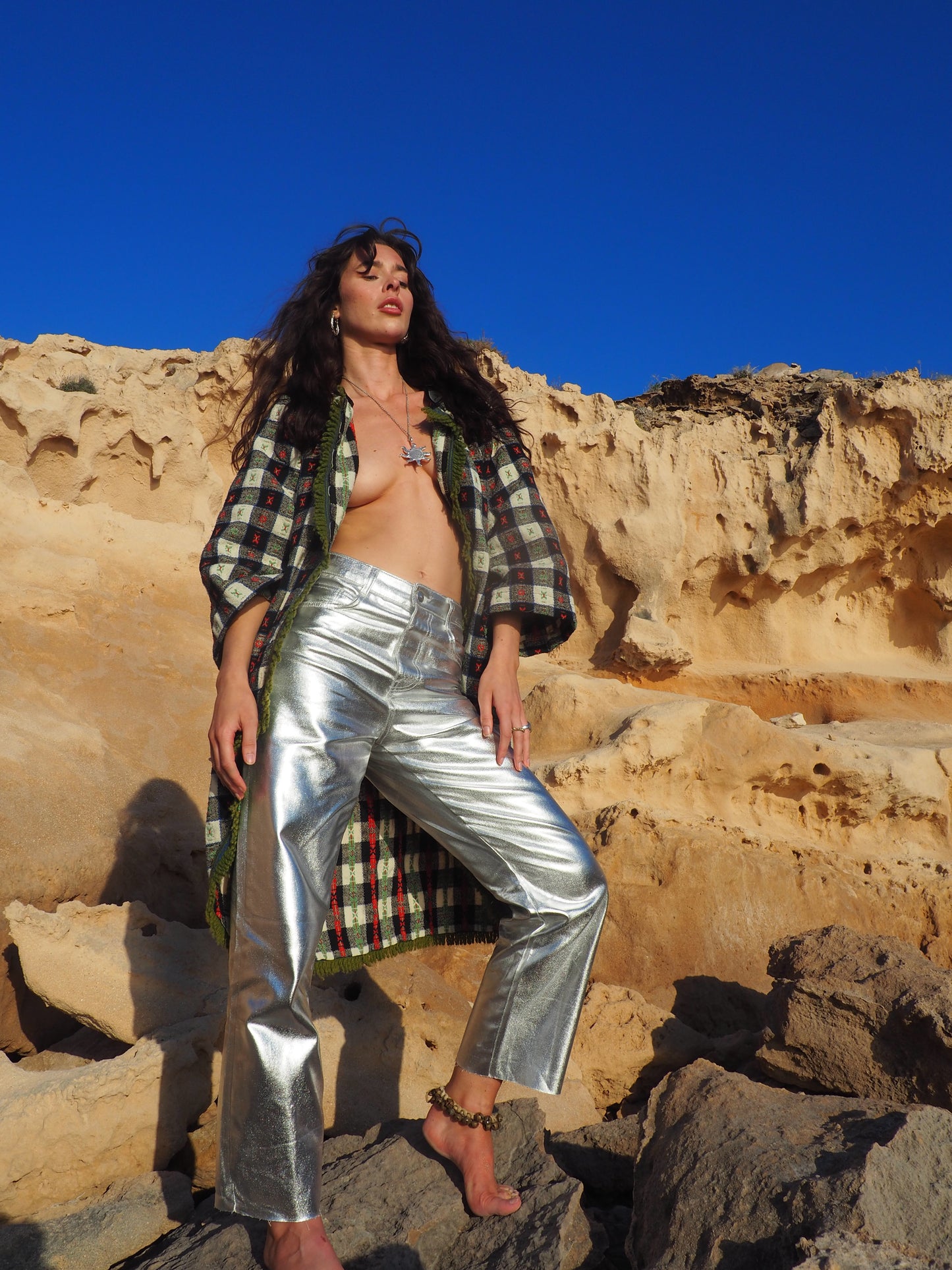 Up-cycled Vintage Long Full Jacket in Green, White, Black, and Red with Green Trim - Made by Vagabond Ibiza