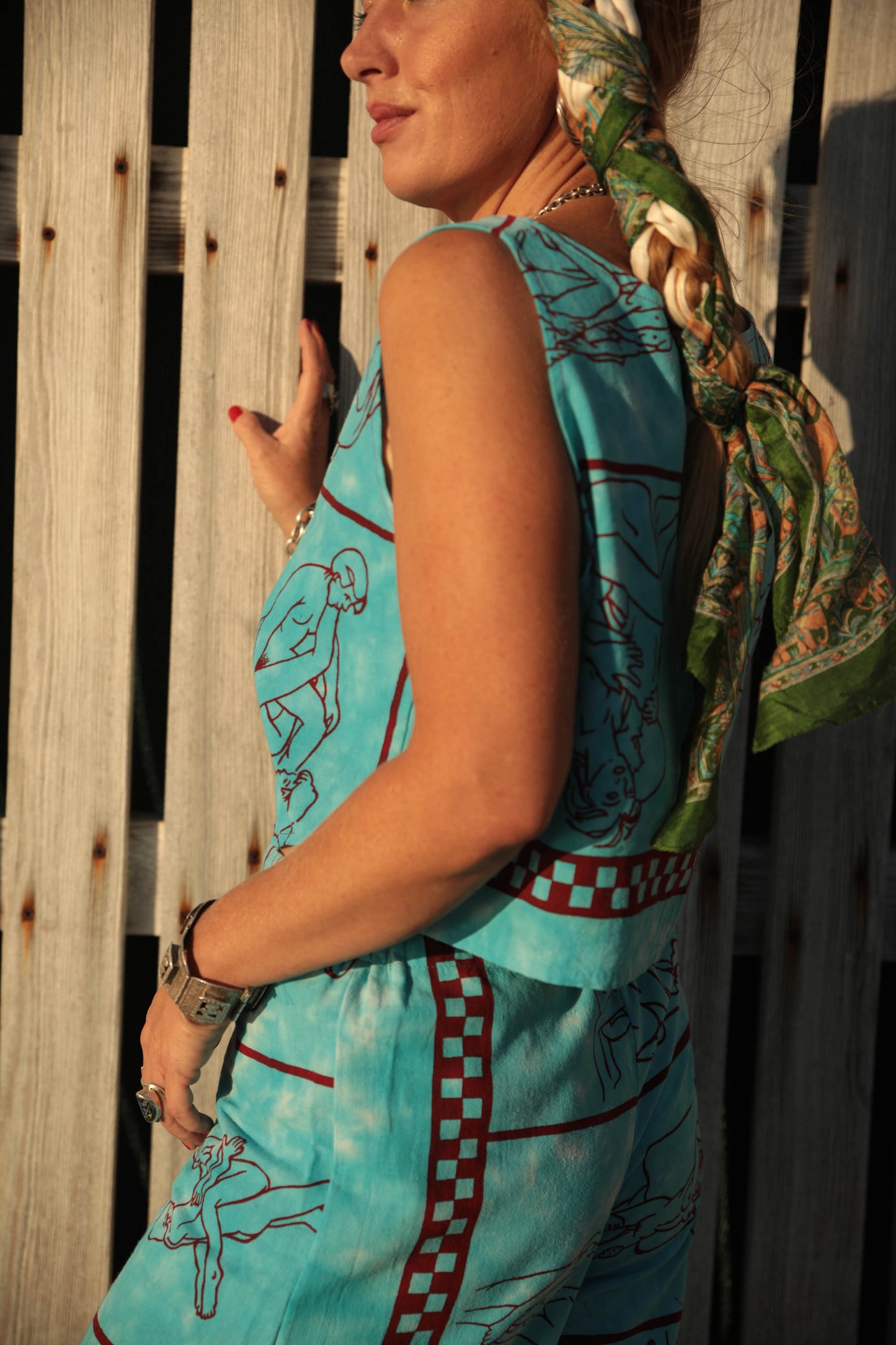 Up-cycled vintage cotton 2 piece set top and length kimono cover up with printed karma sutra design in bright blue pants sold separate