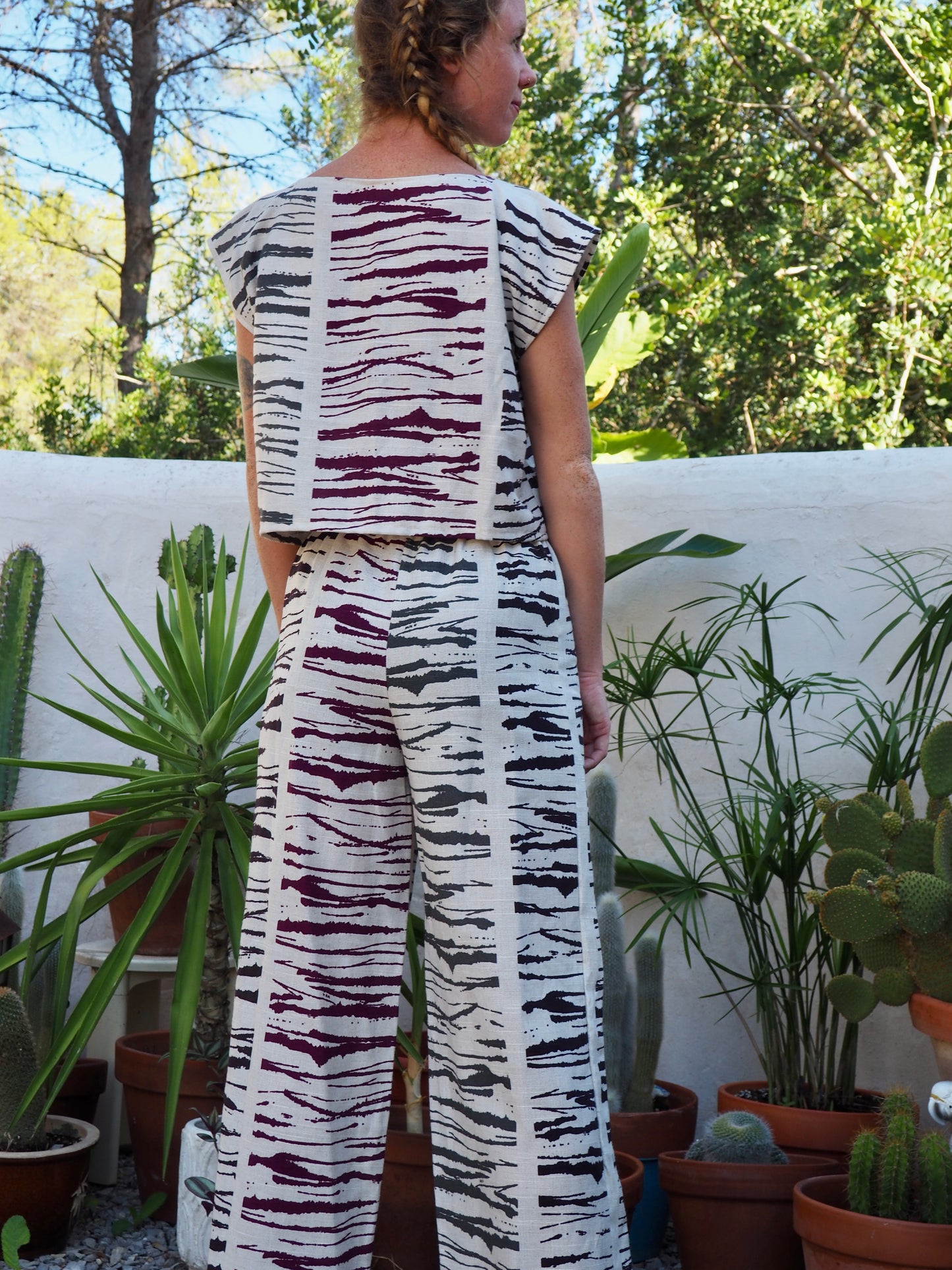 Super nice linen fabric with abstract print up-cycled t-shirt top made by Vagabond Ibiza