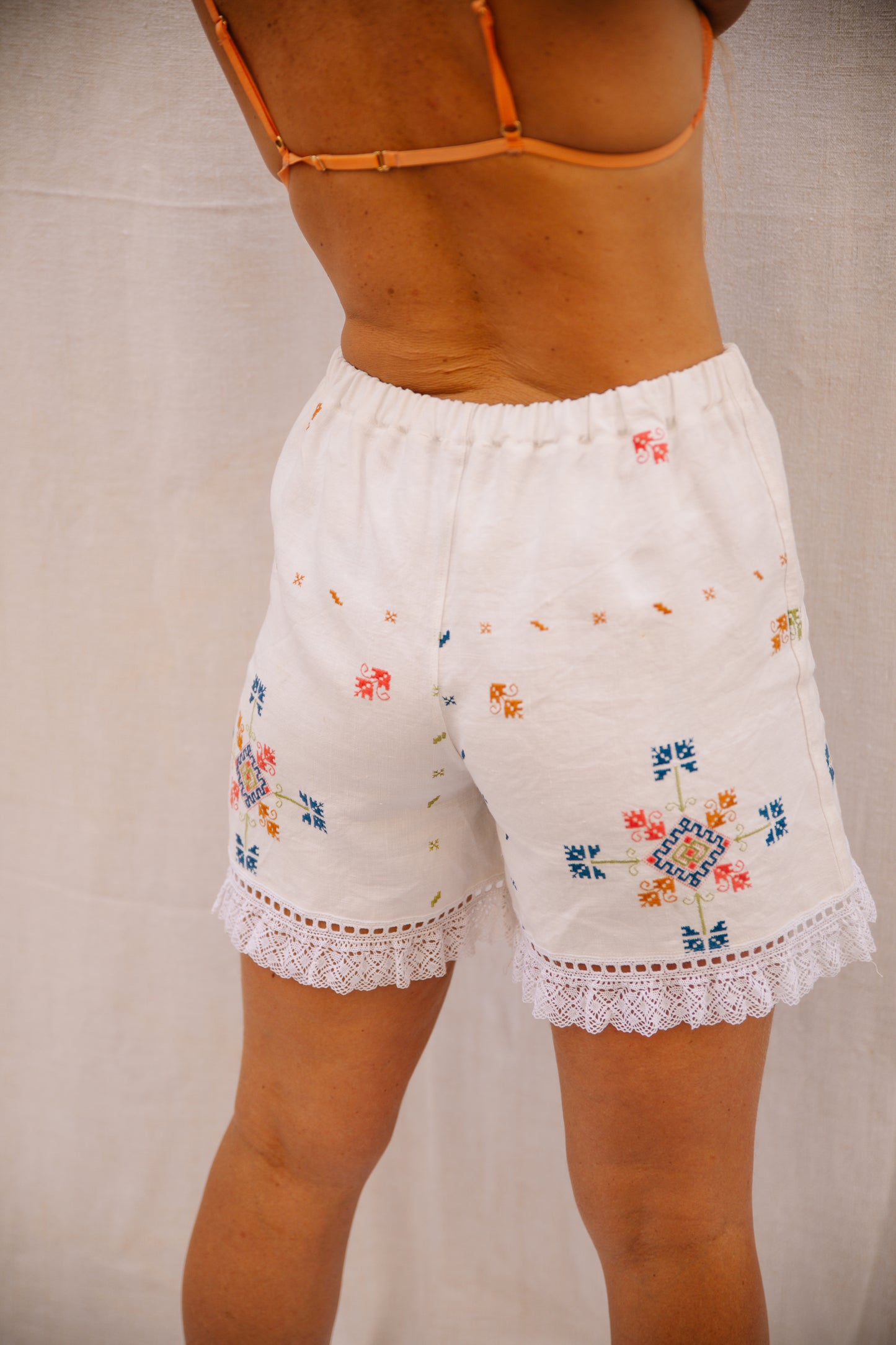 Hand-Embroidered Vintage Linen Shorts with Lace Trim by Vagabond Ibiza