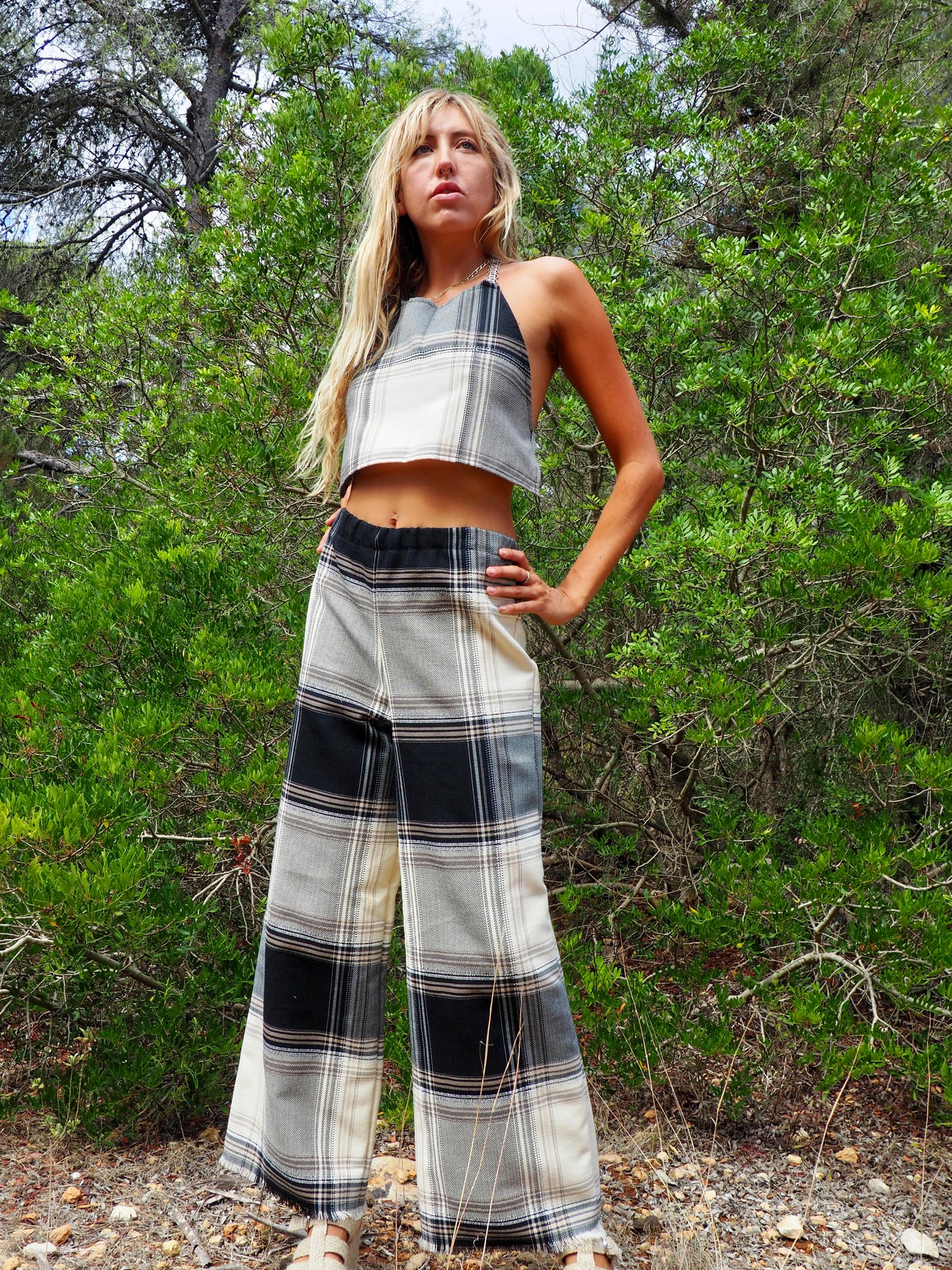Up-cycled black and white checked tie crop top with nice quality a high end woven made by Vagabond Ibiza