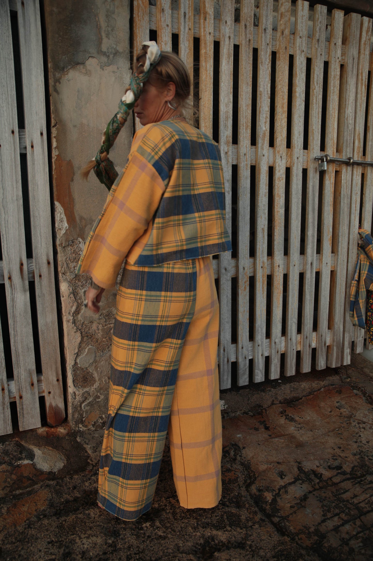 Up-cycled vintage cotton short jackets only from vintage textiles patch together with a yellow and blue checked design.