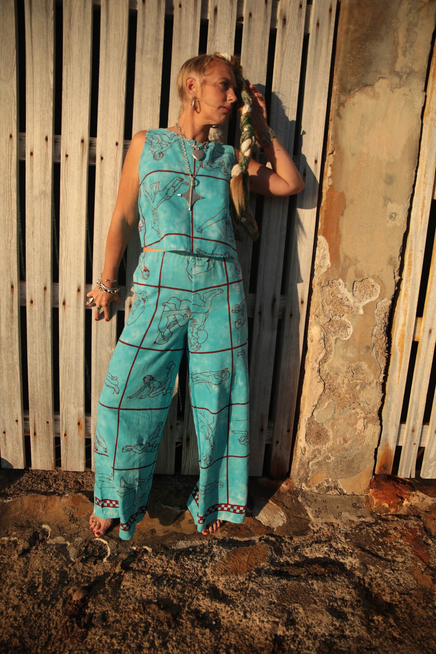 Up-cycled vintage cotton 2 piece set top and length kimono cover up with printed karma sutra design in bright blue pants sold separate