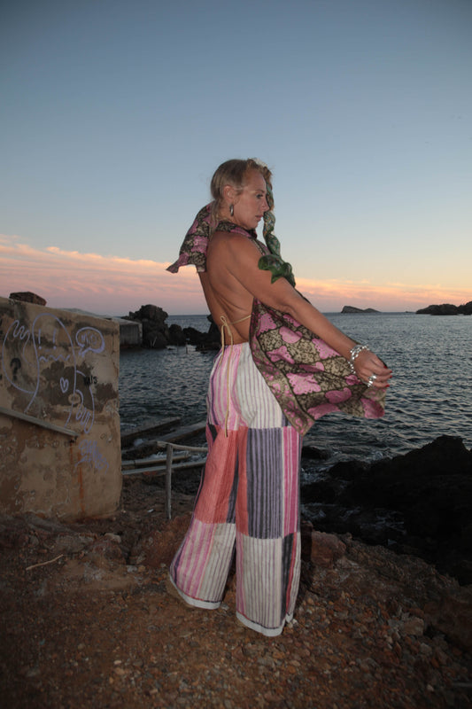 Up-cycled vintage cotton wide leg pants made by Vagabond Ibiza with pink painted design