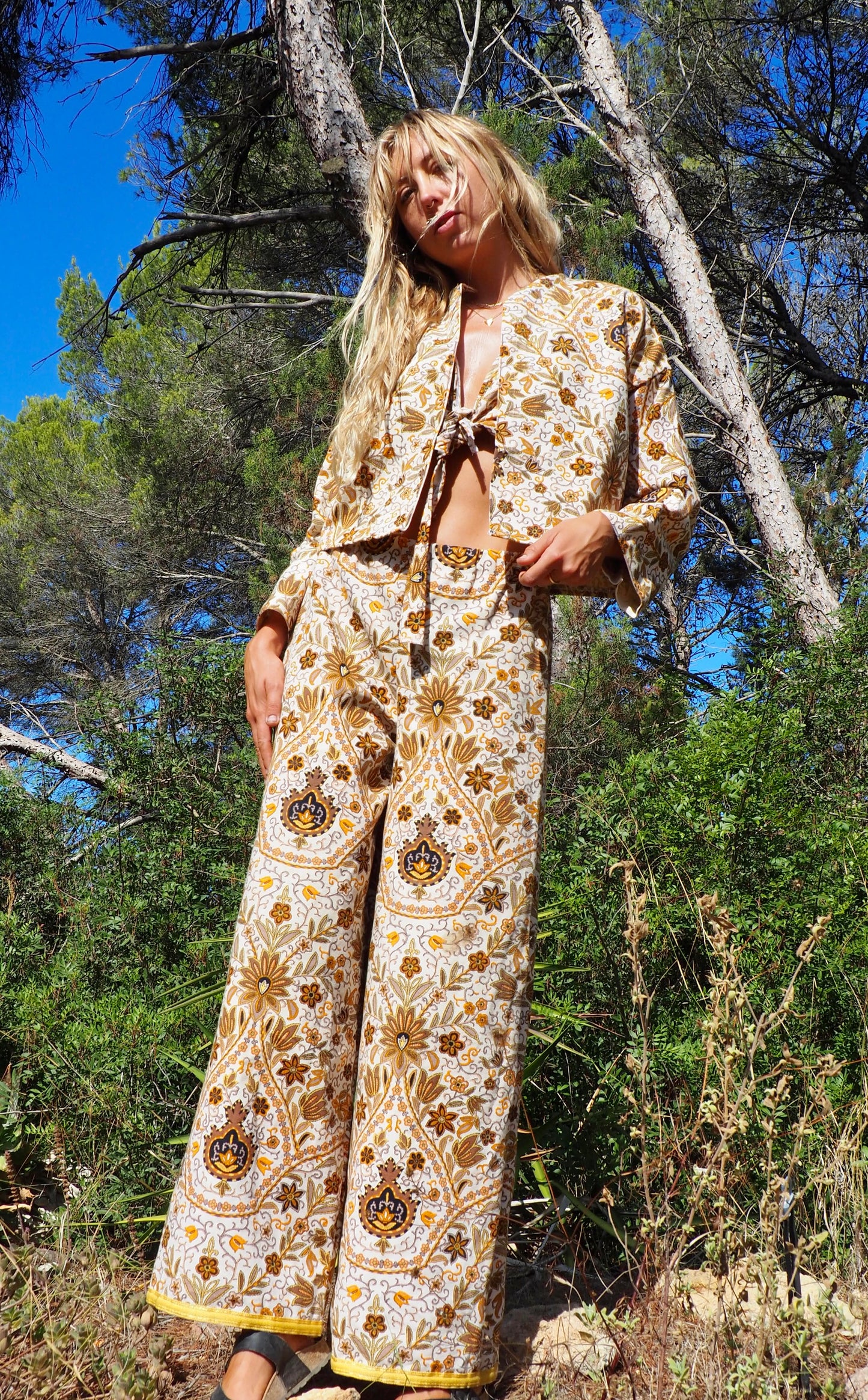 Up-cycled heavy cotton wide leg pants Cream yellow and black floral printed textiles from france very nice quality by Vagabond Ibiza made