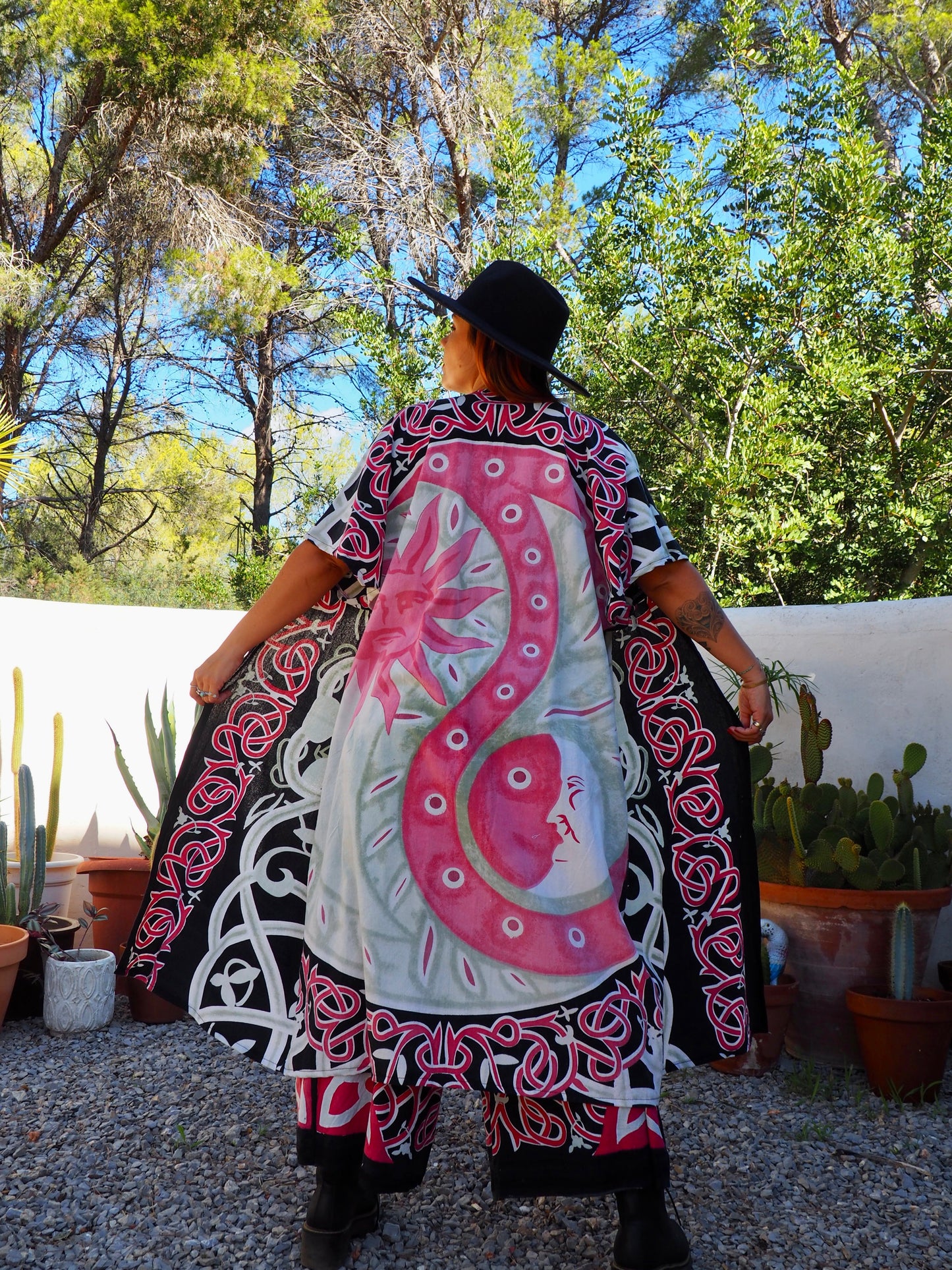 Long oversized waistcoat jacket up-cycled by Vagabond Ibiza from screen printed cotton textiles super cool.