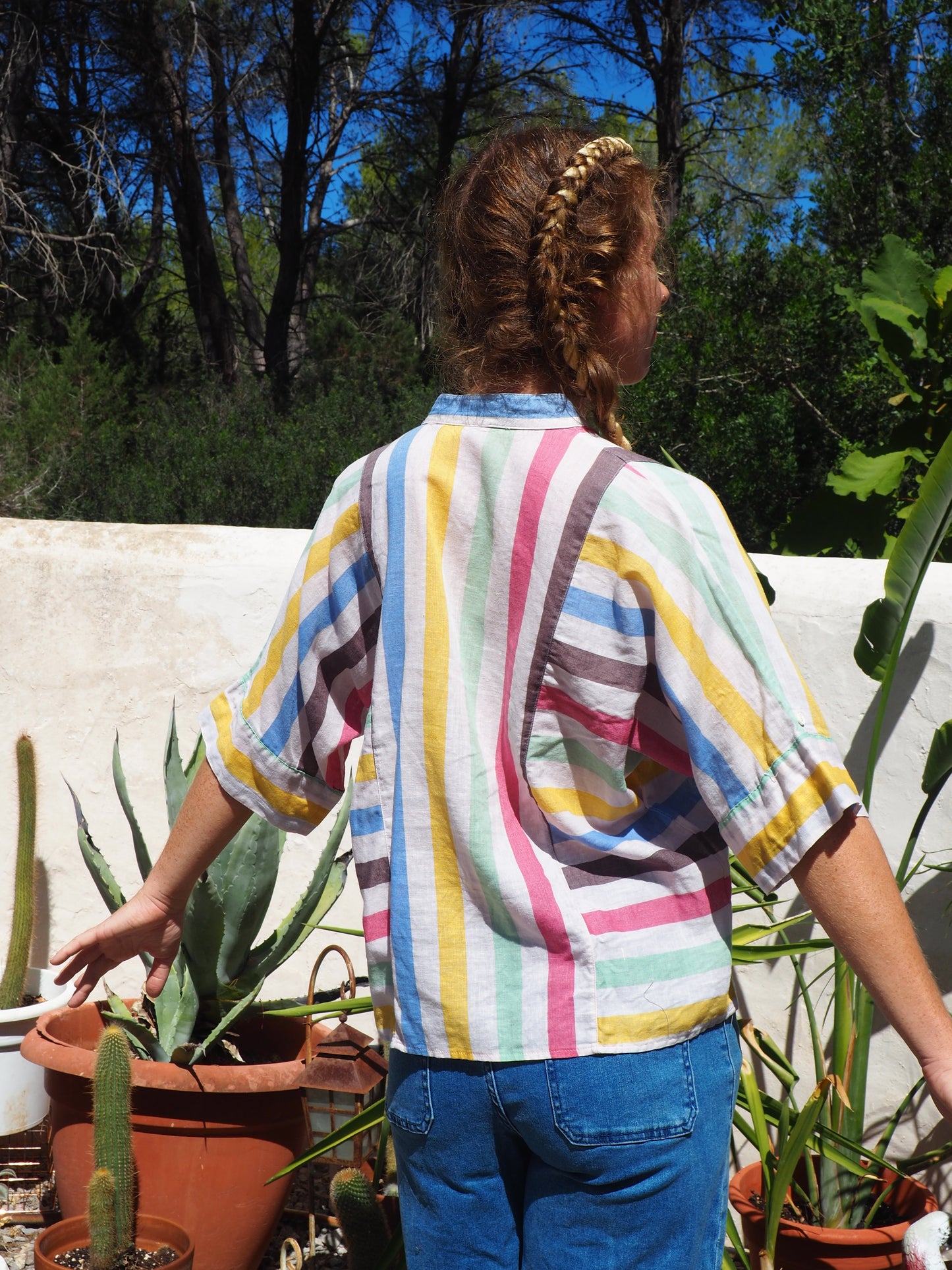 Vintage early 80’s fine cotton rainbow striped shirt with 80’s style sleeve details