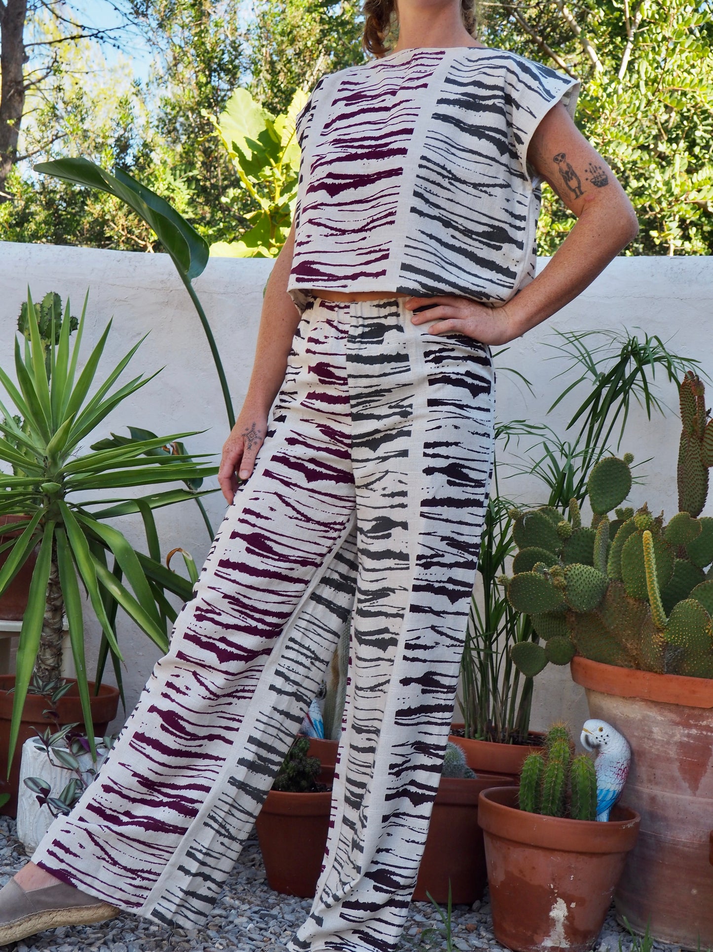 Super nice linen fabric with abstract print up-cycled t-shirt top made by Vagabond Ibiza