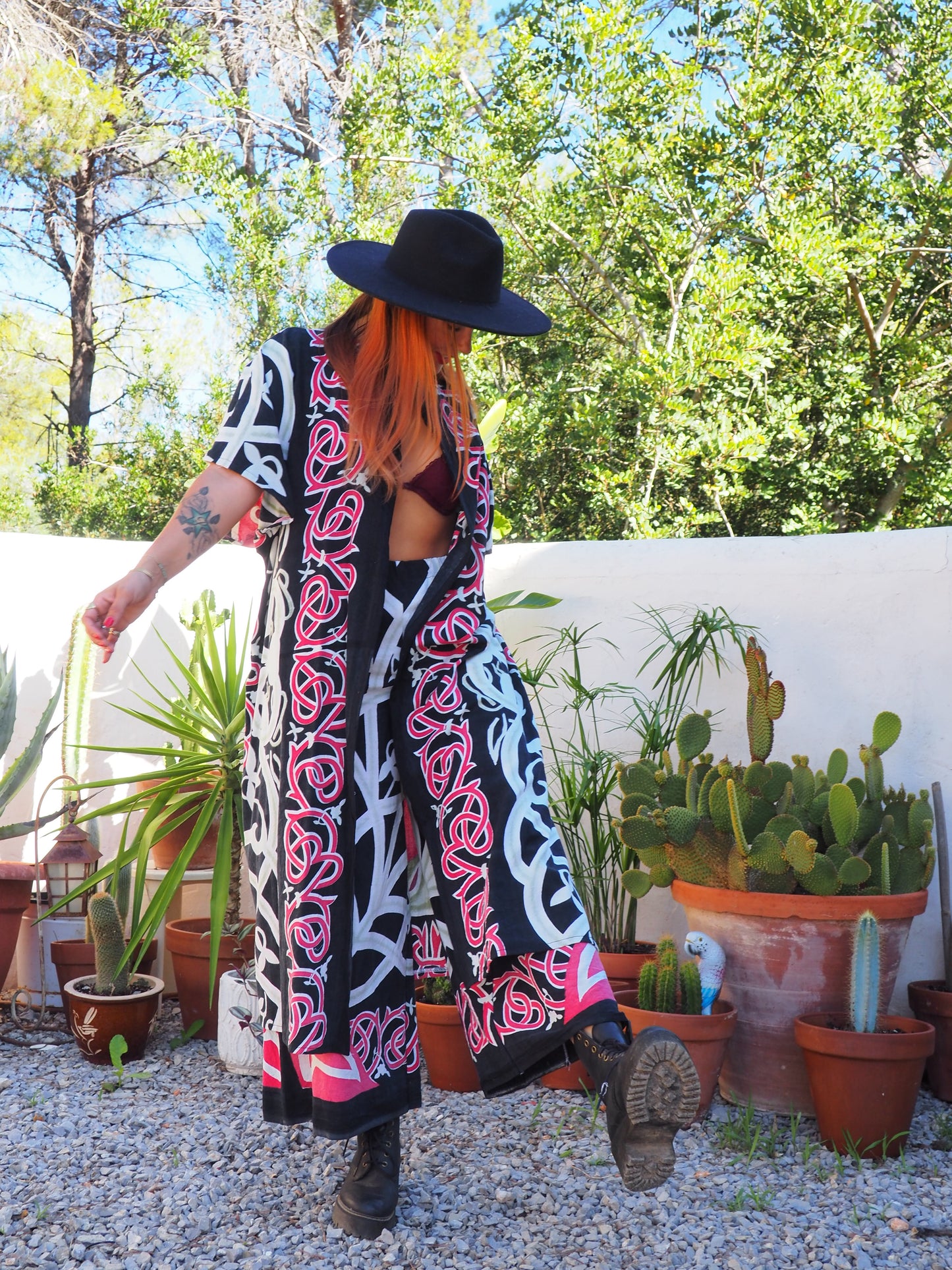 Long oversized waistcoat jacket up-cycled by Vagabond Ibiza from screen printed cotton textiles super cool.