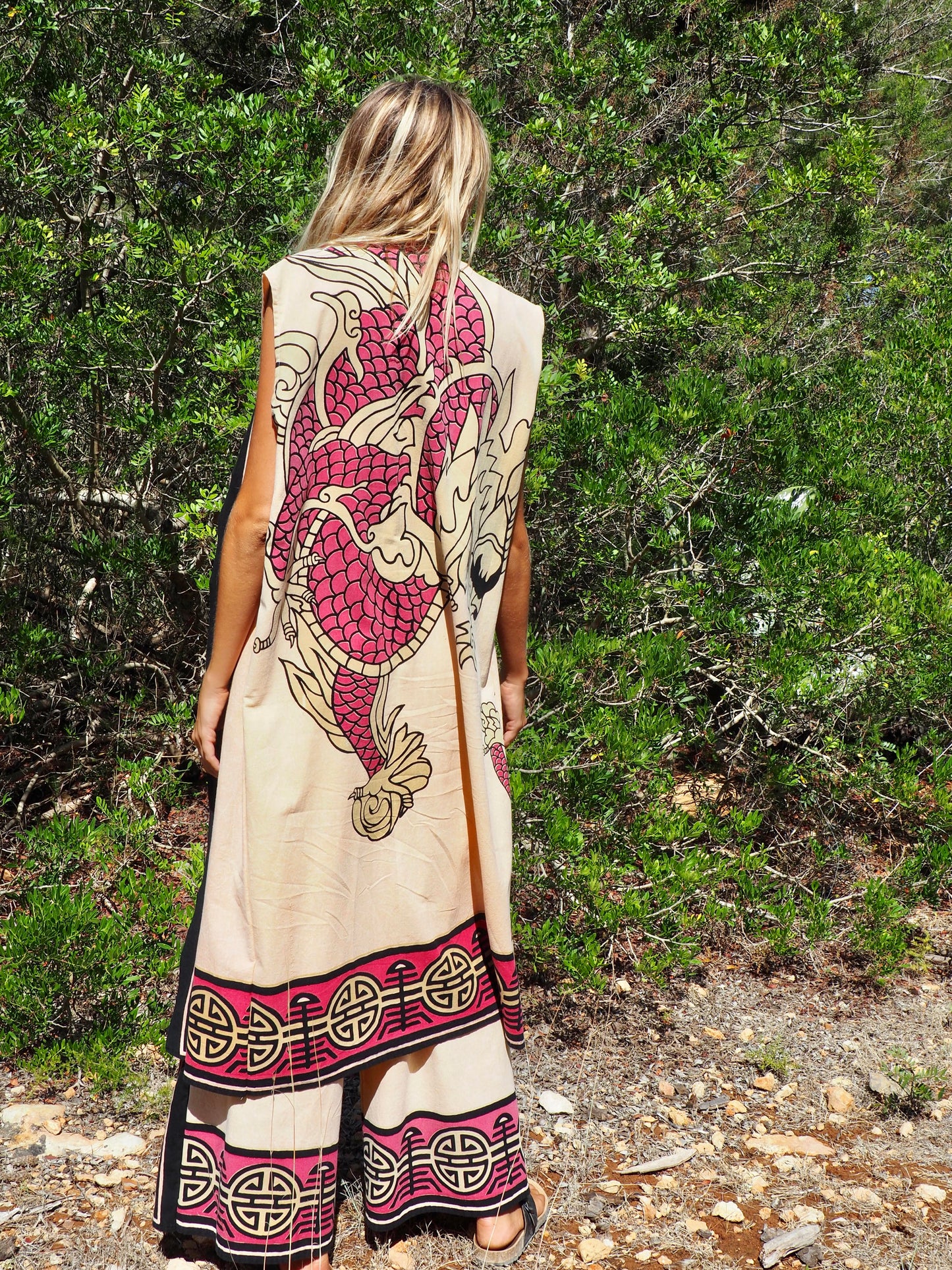 Up-cycled cotton long kimono waistcoat in pink and cream with dragon design and circular motifs by Vagabond Ibiza