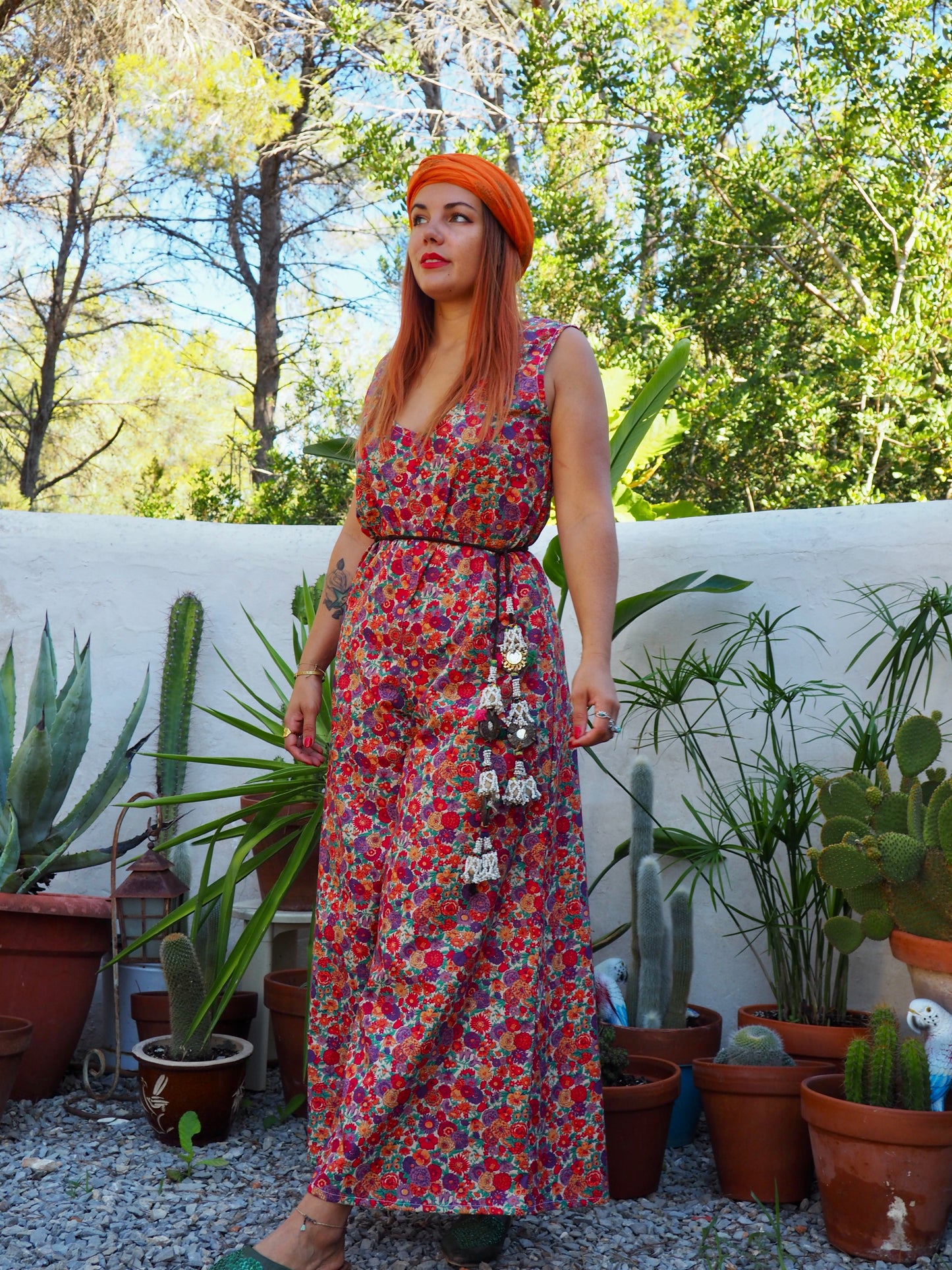 Vintage floral printed jumpsuits with wide leg pants and zip in back for fit up-cycled by Vagabond Ibiza