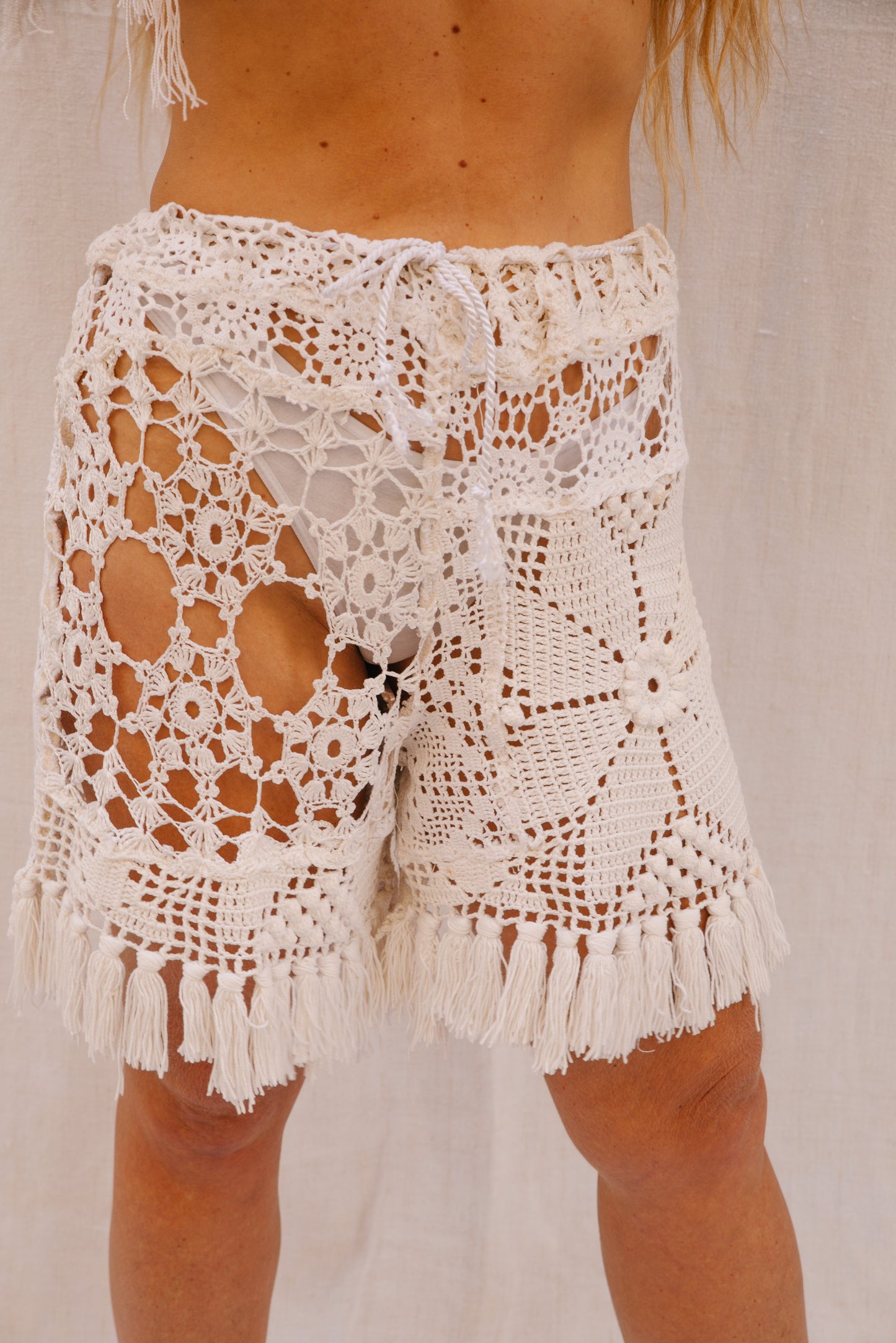 Handmade Upcycled Crochet Patchwork Shorts with Tassels by Vagabond Ibiza