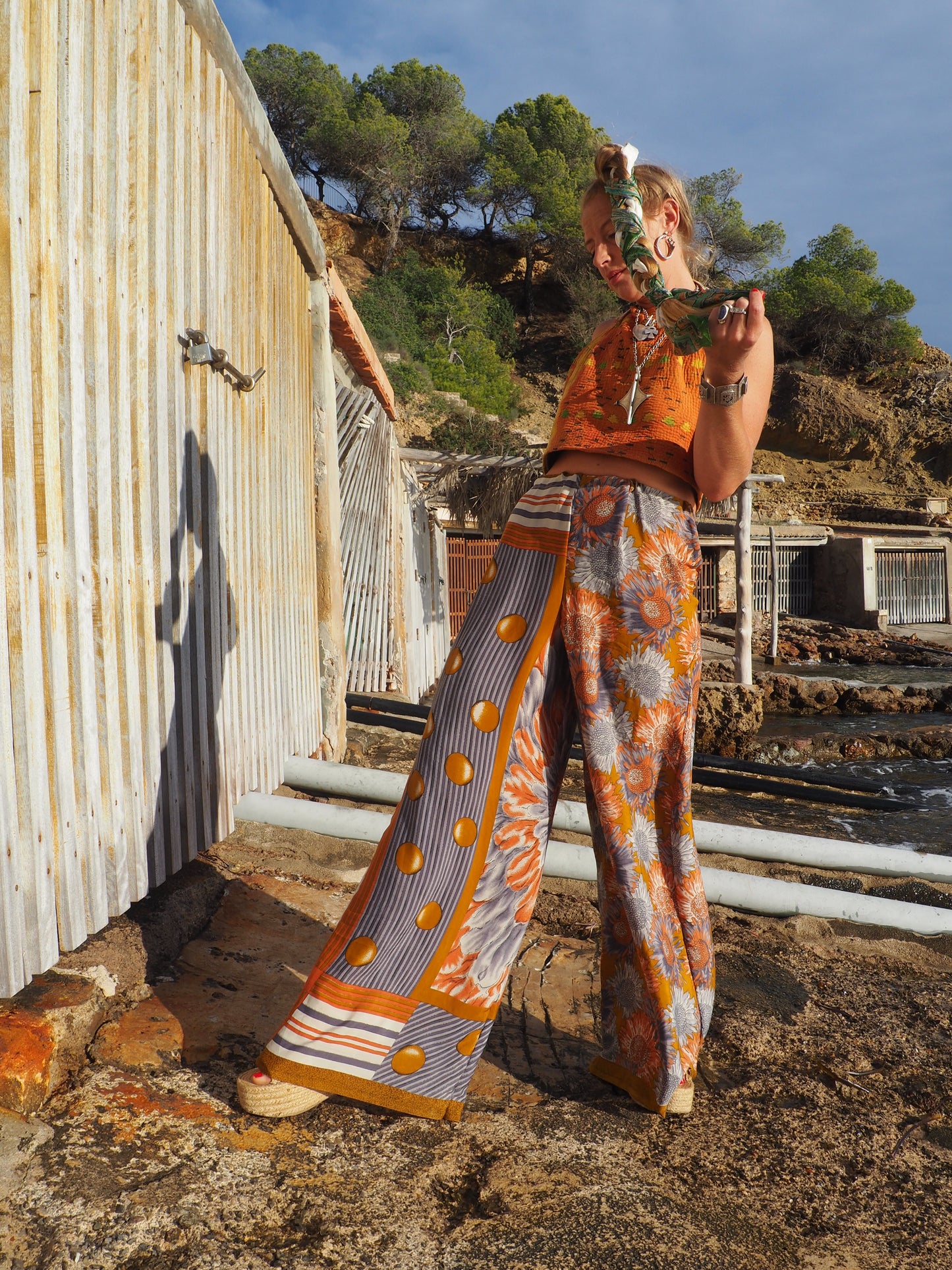 Wide leg pants with elastic waste made by vagabond Ibiza from vintage fabric off cuts
