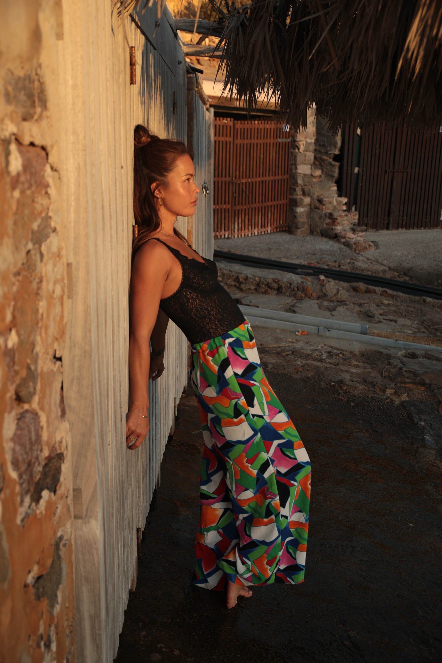 Up-cycled vintage colourful printed wide leg pants made by Vagabond Ibiza with elasticated waist
