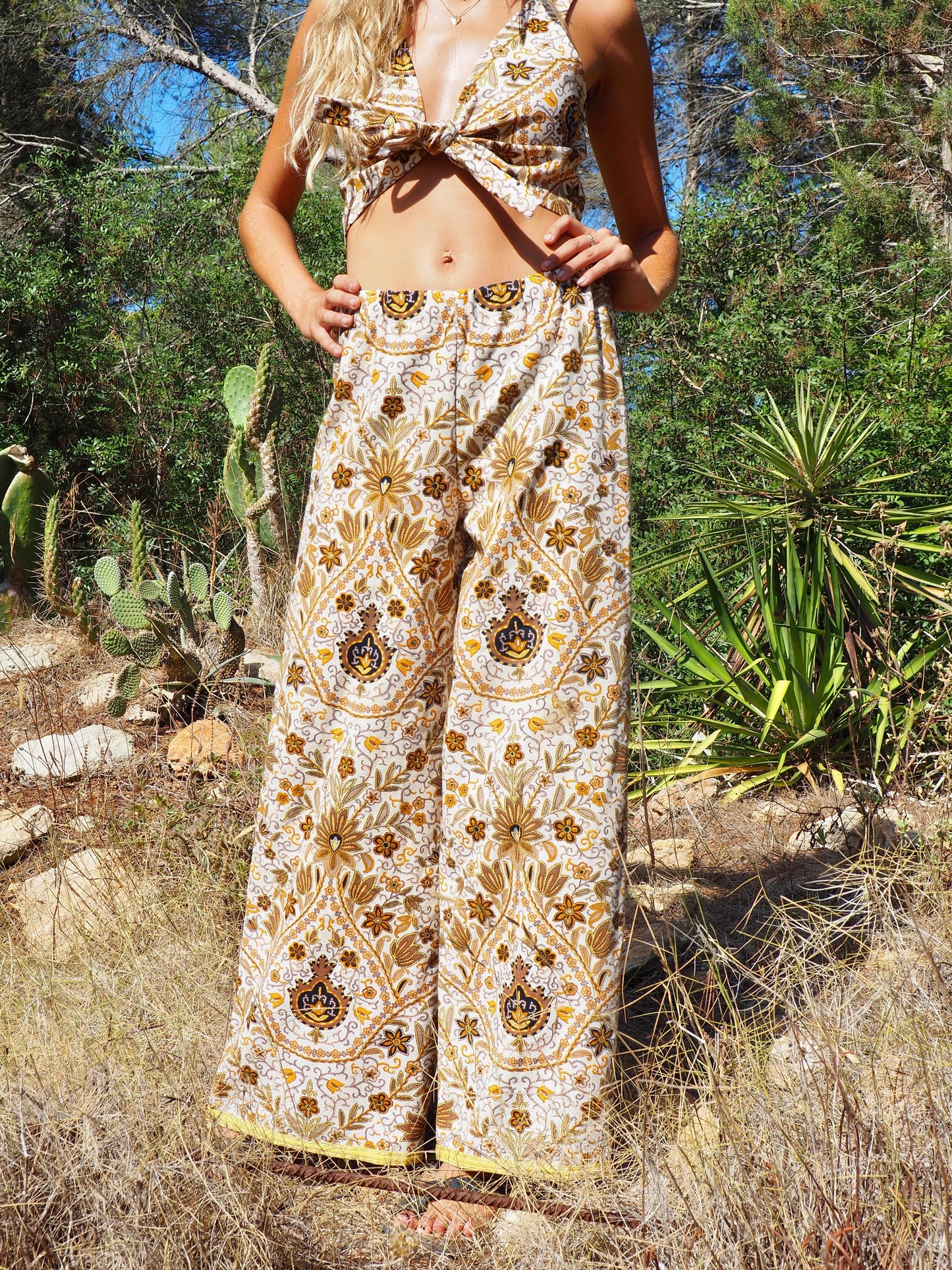 Up-cycled heavy cotton wide leg pants Cream yellow and black floral printed textiles from france very nice quality by Vagabond Ibiza made