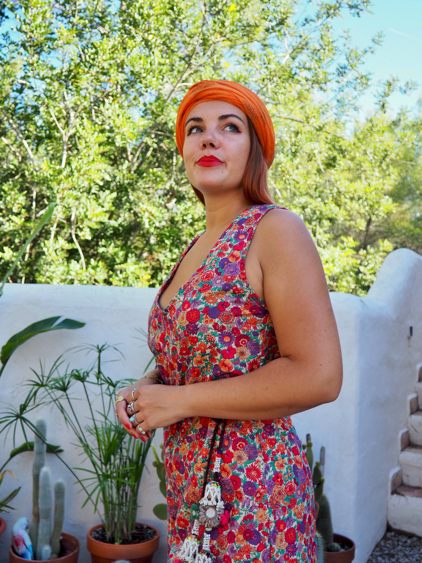 Vintage floral printed jumpsuits with wide leg pants and zip in back for fit up-cycled by Vagabond Ibiza