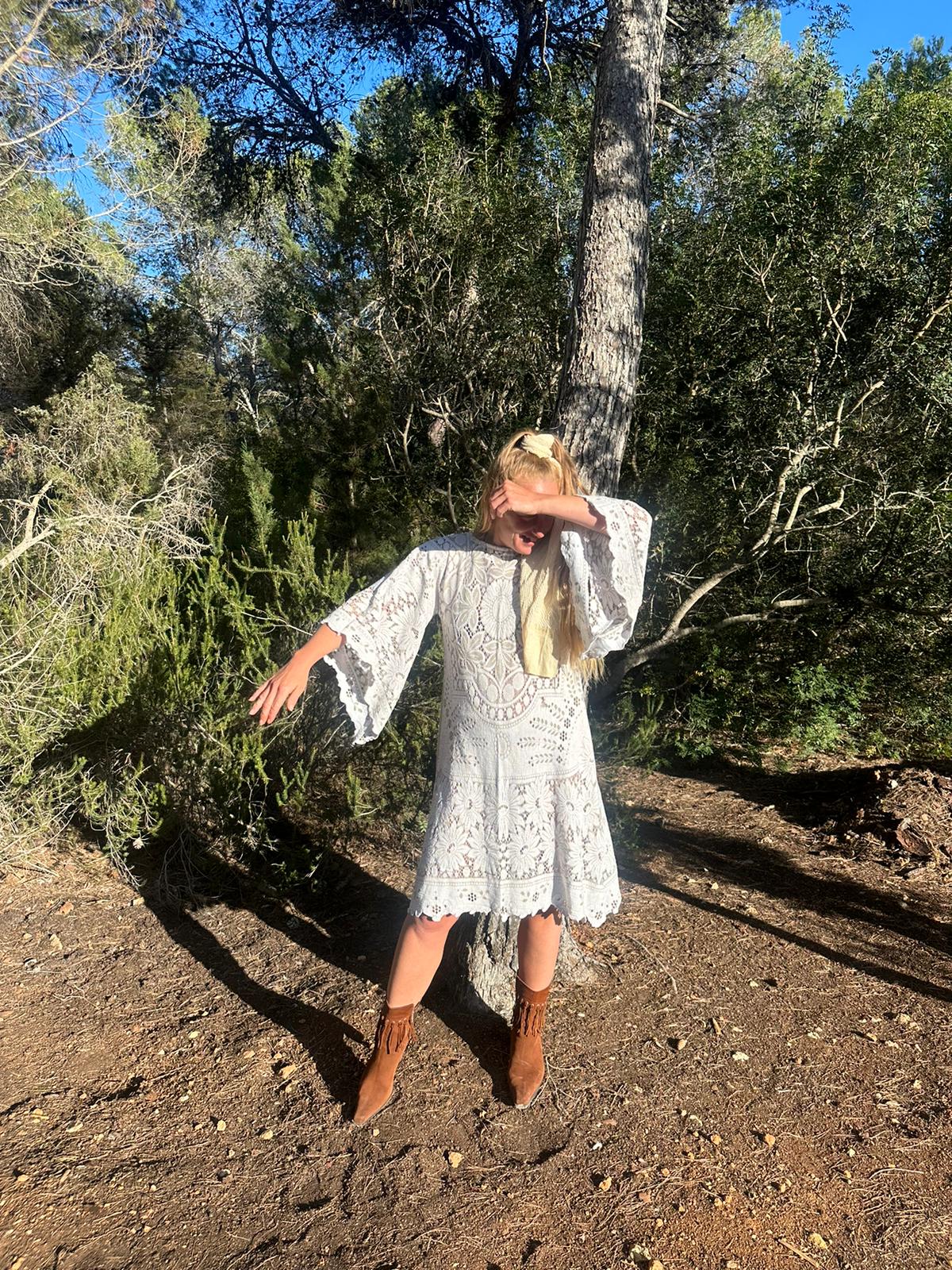 White vintage lace upcycled bell sleeve dress made by Vagabond Ibiza made in Ibiza