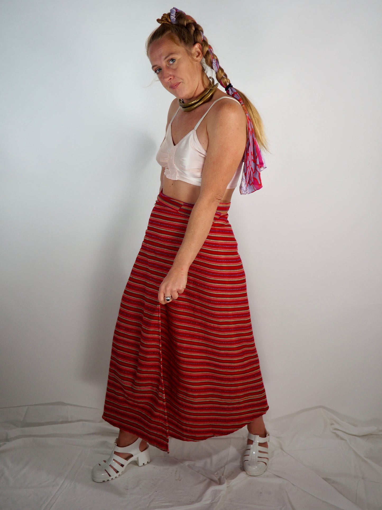 Vintage 1970s Cotton Woven Wrap Skirt – Red & Pink Striped