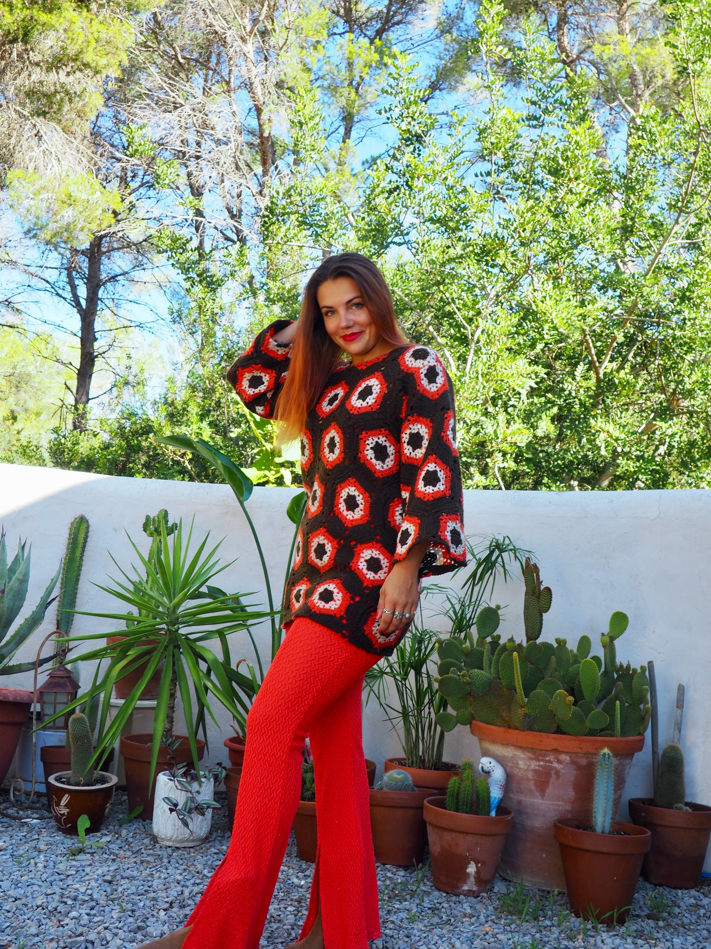 Vintage crochet orange and brown jumper dress up-cycled by Vagabond Ibiza