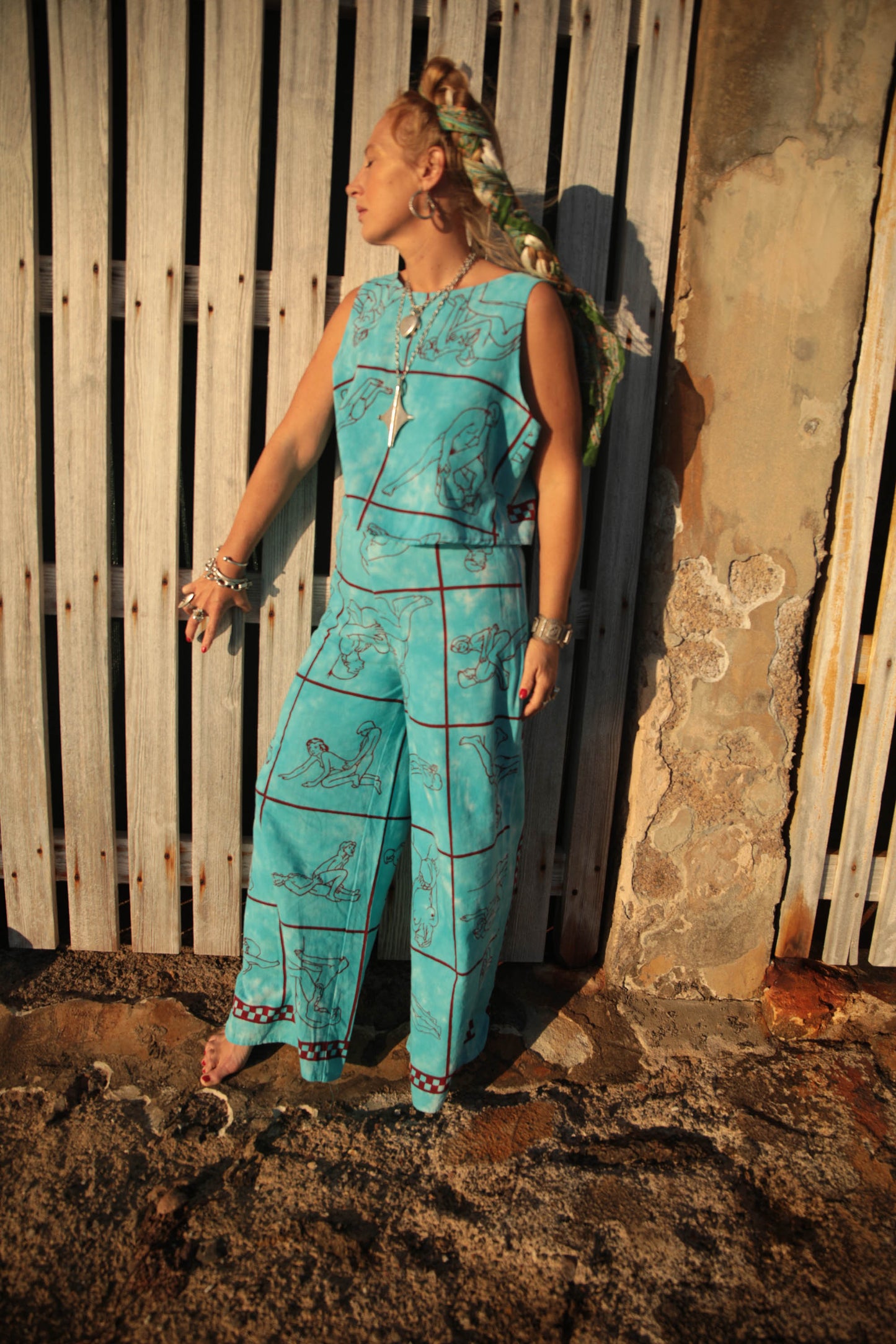 Up-cycled vintage cotton 2 piece set top and length kimono cover up with printed karma sutra design in bright blue pants sold separate