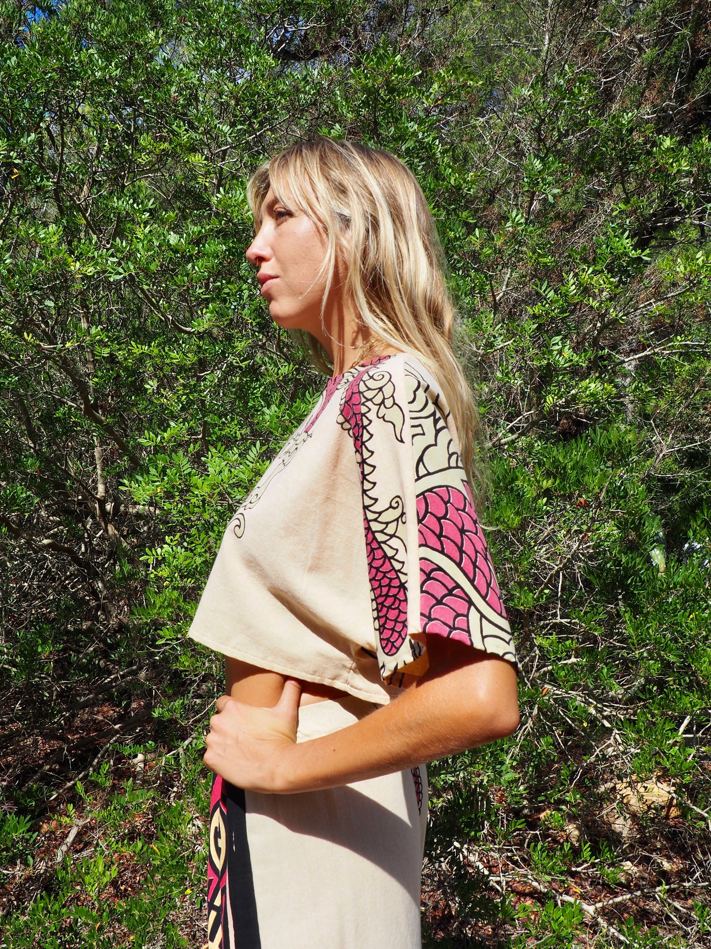 Up-cycled vintage cotton top cream and pink with dragon design by Vagabond Ibiza