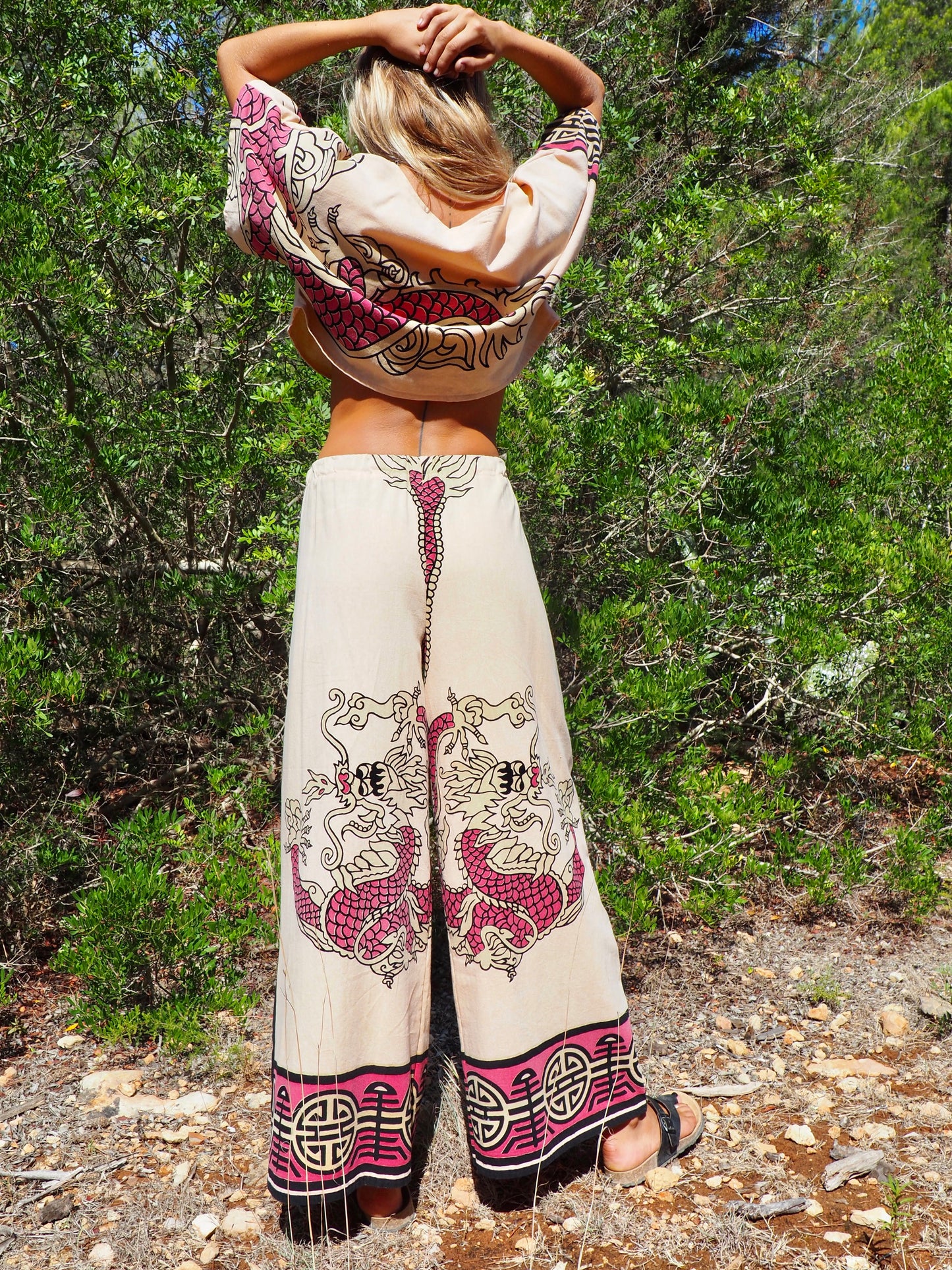 Up-cycled vintage cotton top cream and pink with dragon design by Vagabond Ibiza
