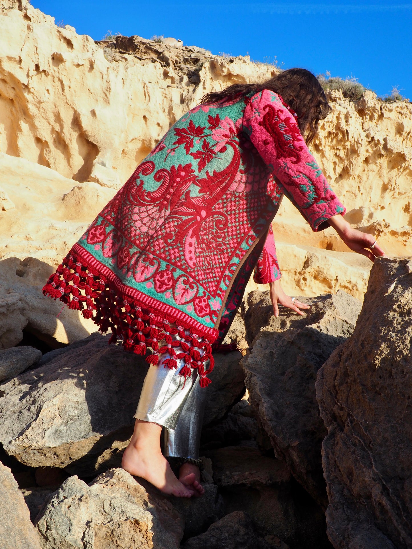 Amazing vintage woven tapestry jacket with insane oversize tassel trim up-cycled by Vagabond Ibiza