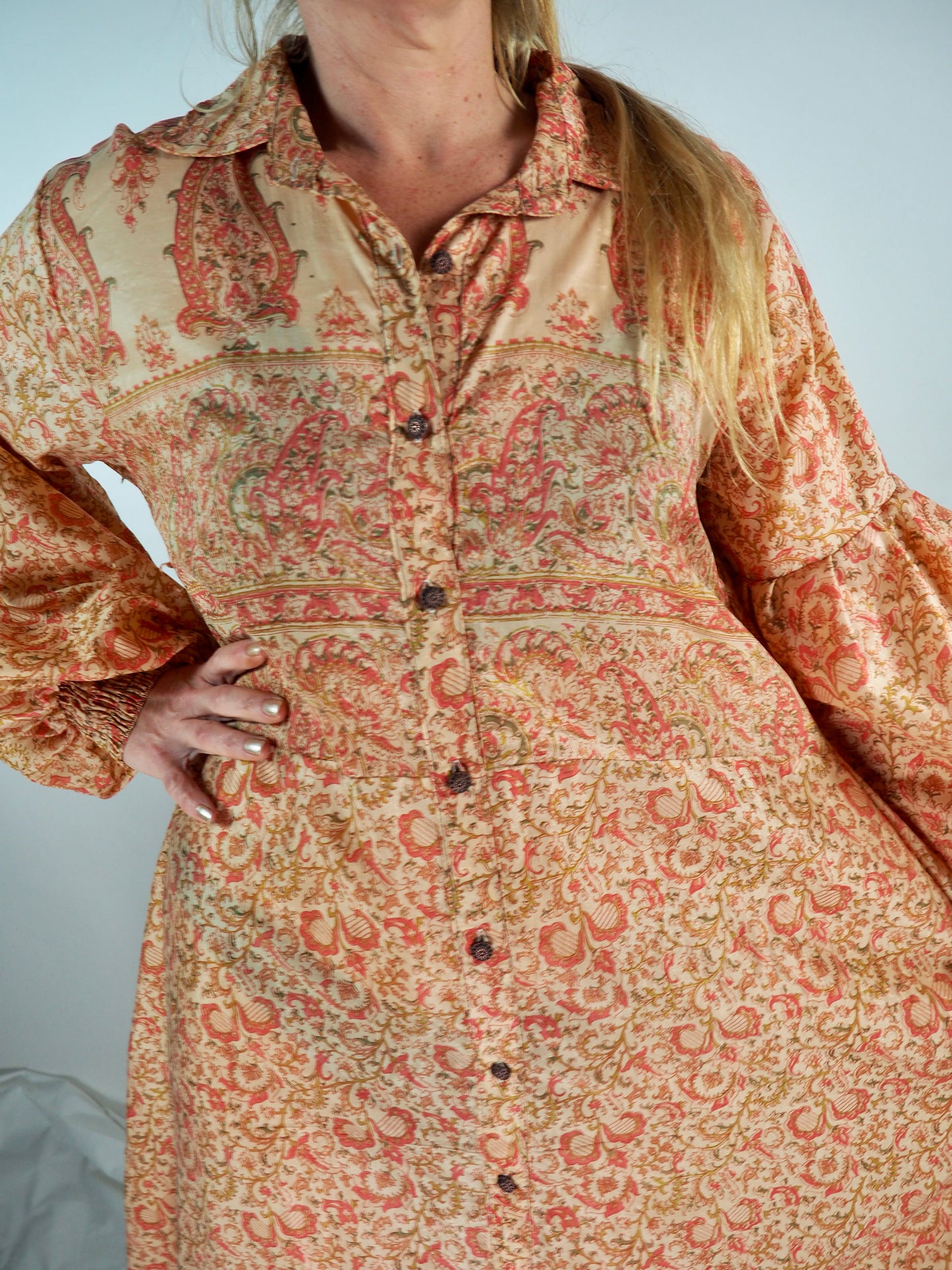 The Lenya Up-cycled Vintage Sari Dress – Sustainable Boho Dress with Oversized Sleeves Matching Scrunchy & Storage Bag