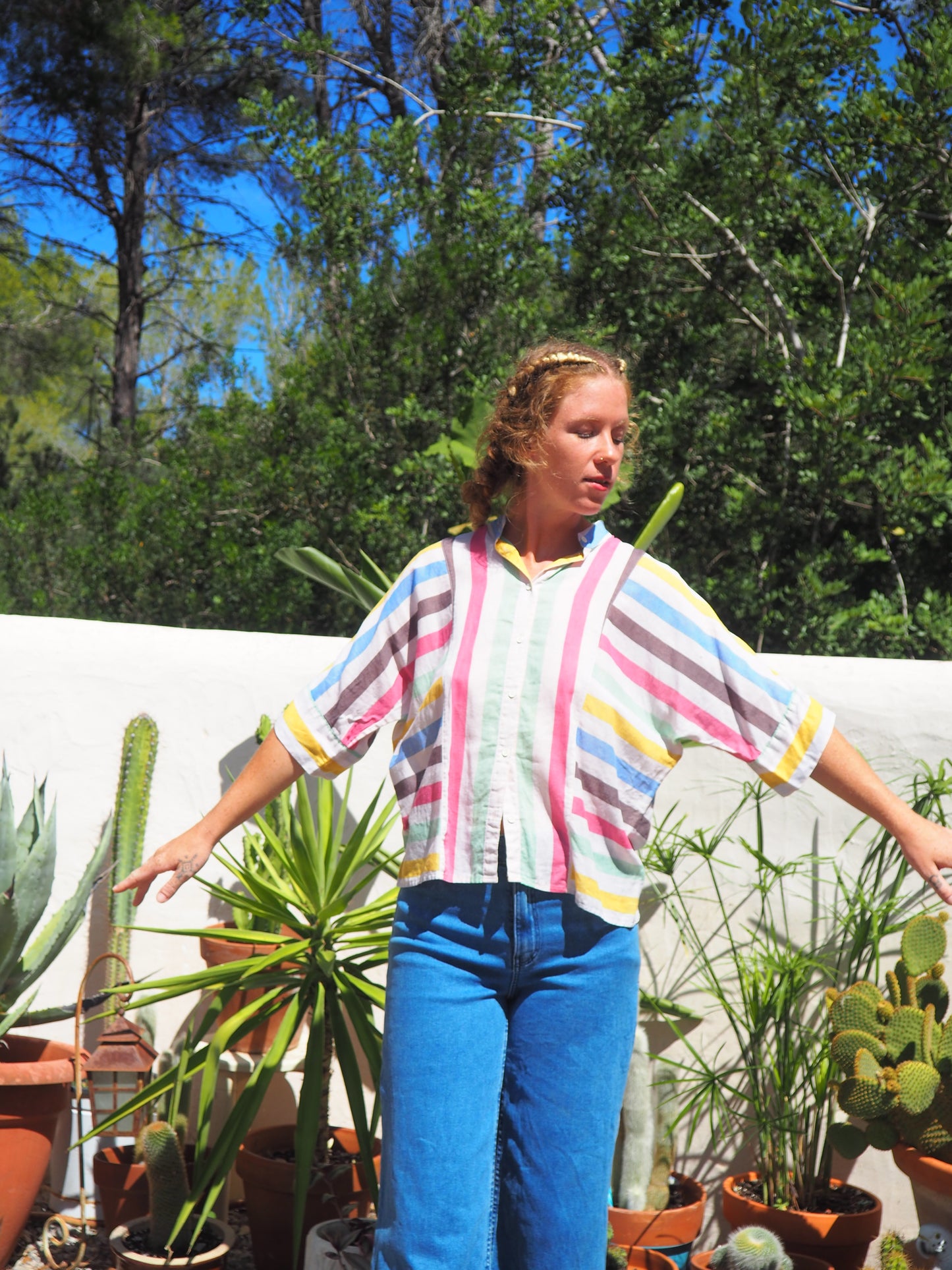 Vintage early 80’s fine cotton rainbow striped shirt with 80’s style sleeve details