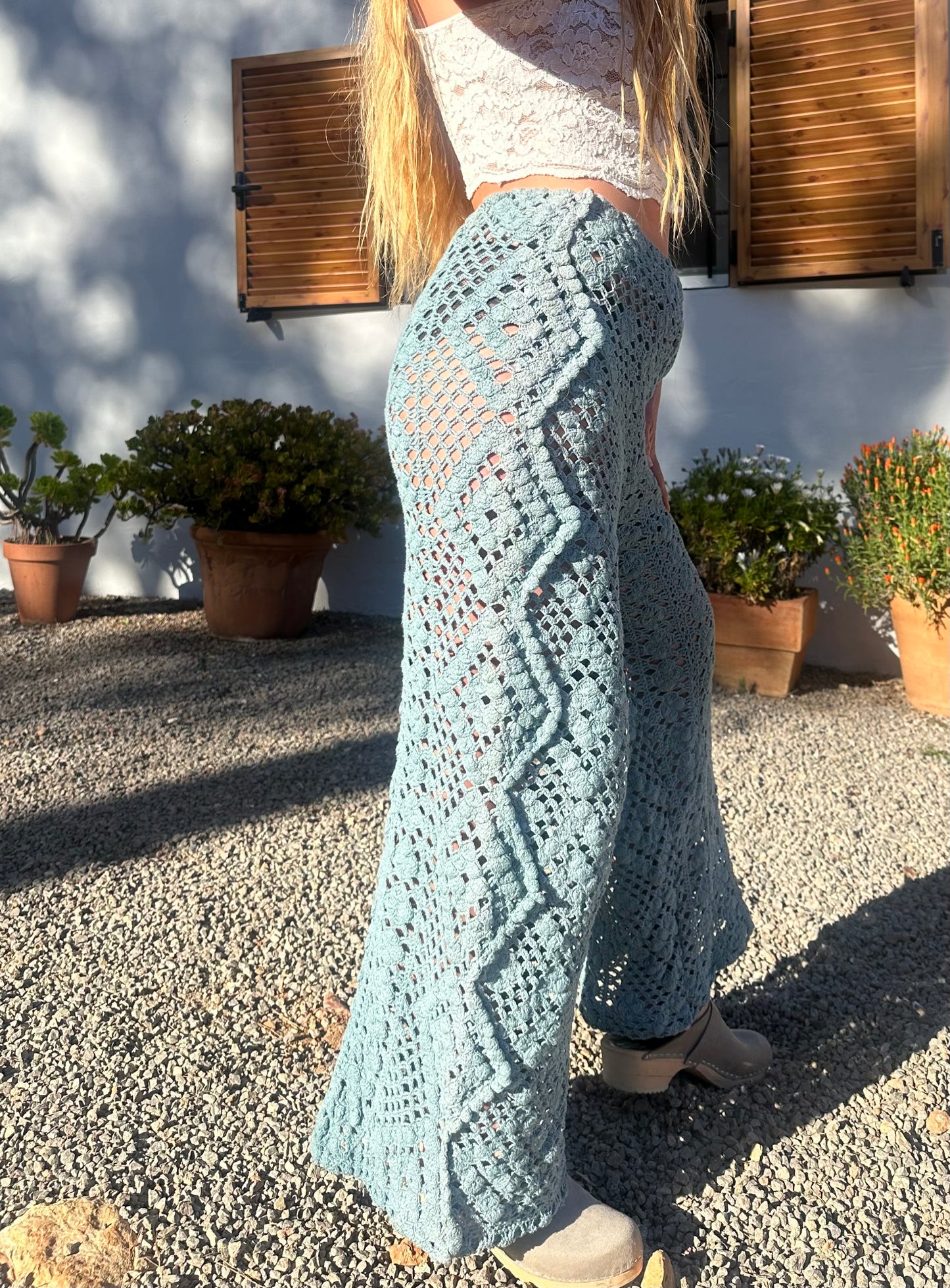 Vintage crochet textiles up-cycled wide leg pants dyed and made by vagabond Ibiza at our studio