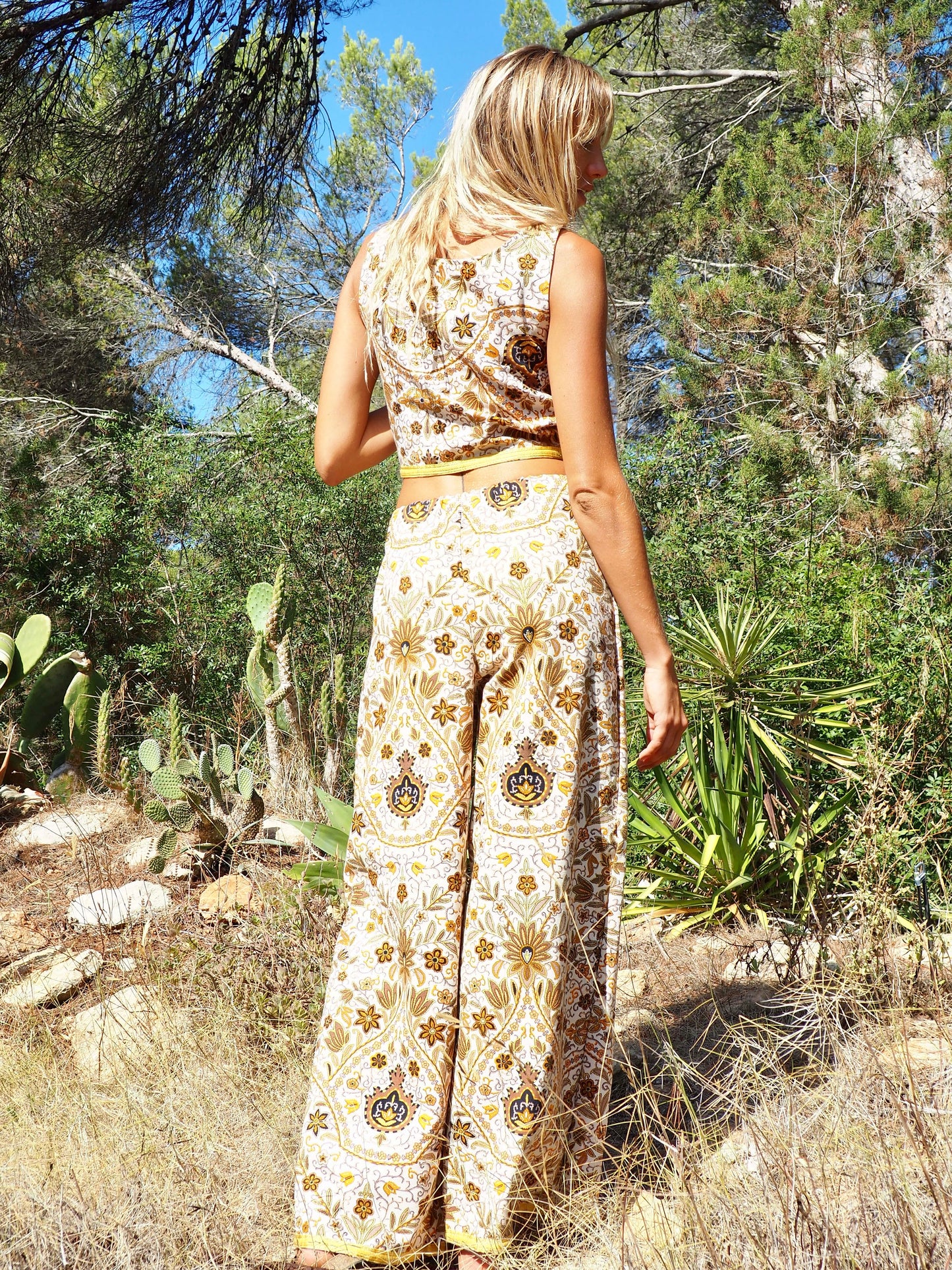 Up-cycled heavy cotton wide leg pants Cream yellow and black floral printed textiles from france very nice quality by Vagabond Ibiza made