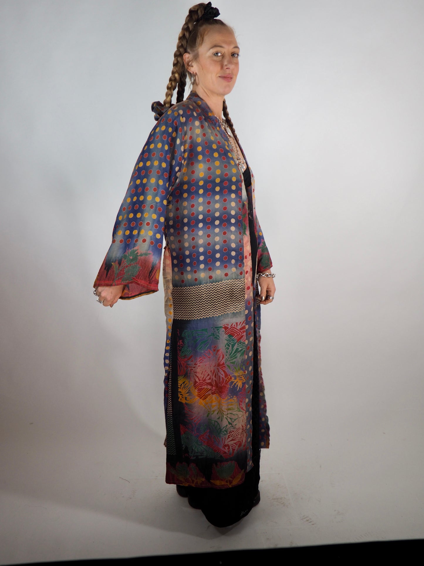 The Kardash Long Kimono – Up-cycled Vintage Sari long Kimono Robe with Waist Tie + Matching Scrunchy & Storage Bag