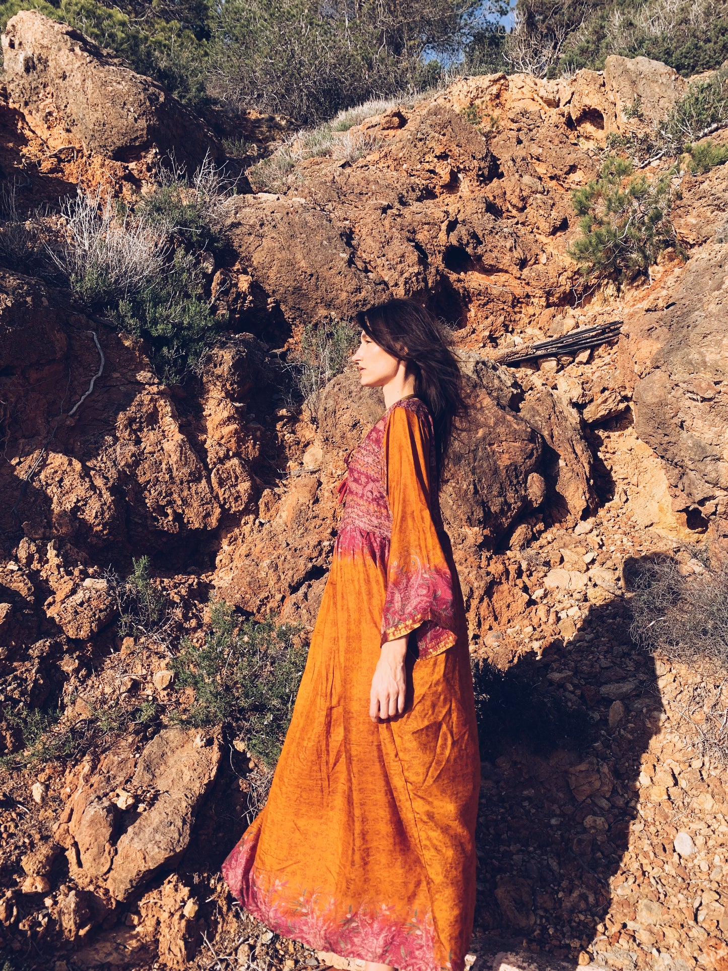 The Vadella Up-cycled Vintage Re-cycled Sari Maxi Dress – Sustainable Boho Dress with Tie Neck Detail + Matching Scrunchy & Bag