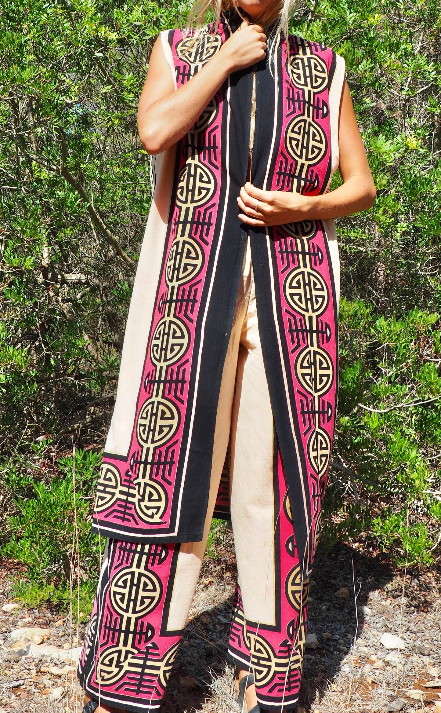 Up-cycled cotton long kimono waistcoat in pink and cream with dragon design and circular motifs by Vagabond Ibiza