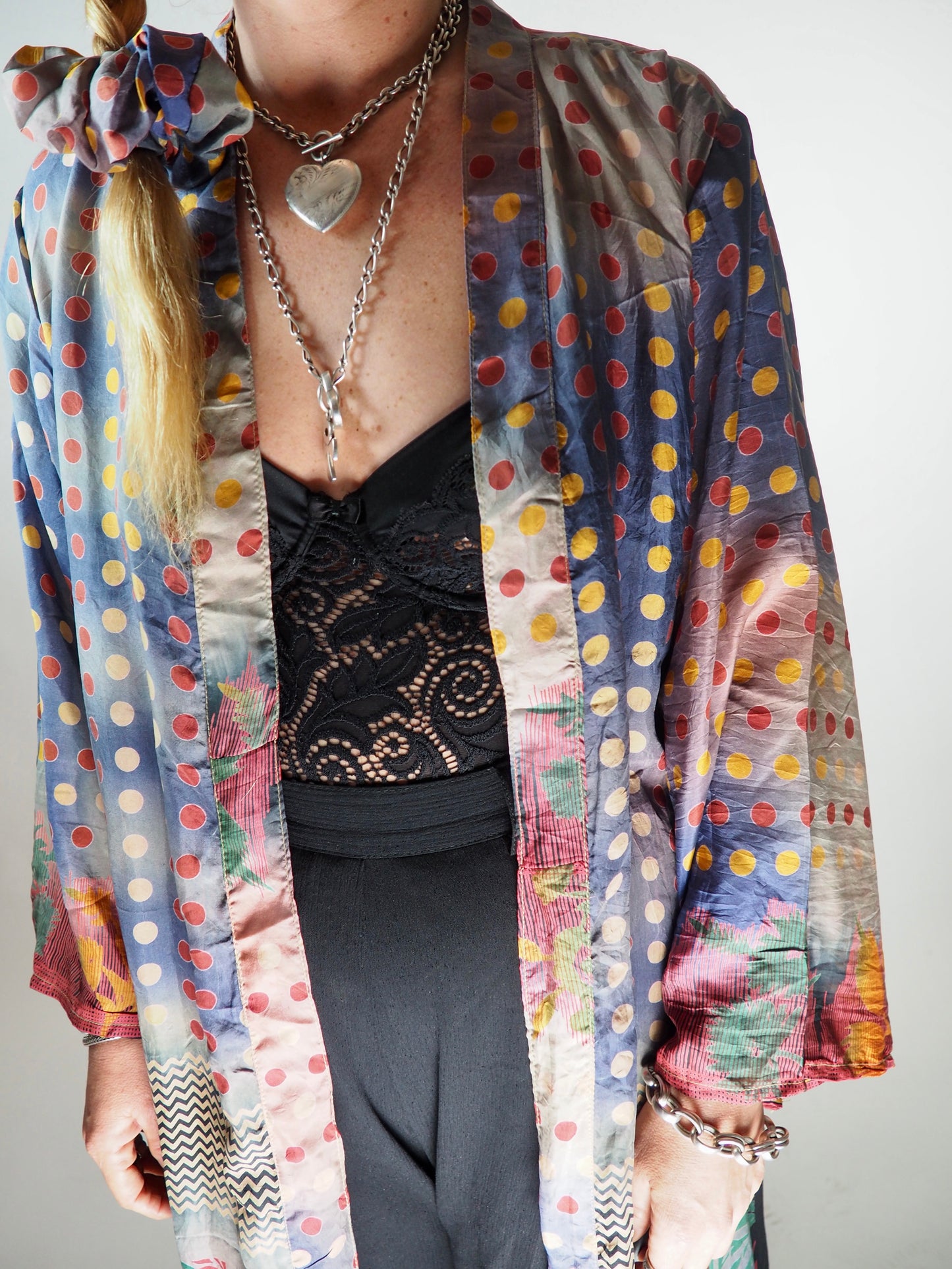 The Kardash Long Kimono – Up-cycled Vintage Sari long Kimono Robe with Waist Tie + Matching Scrunchy & Storage Bag