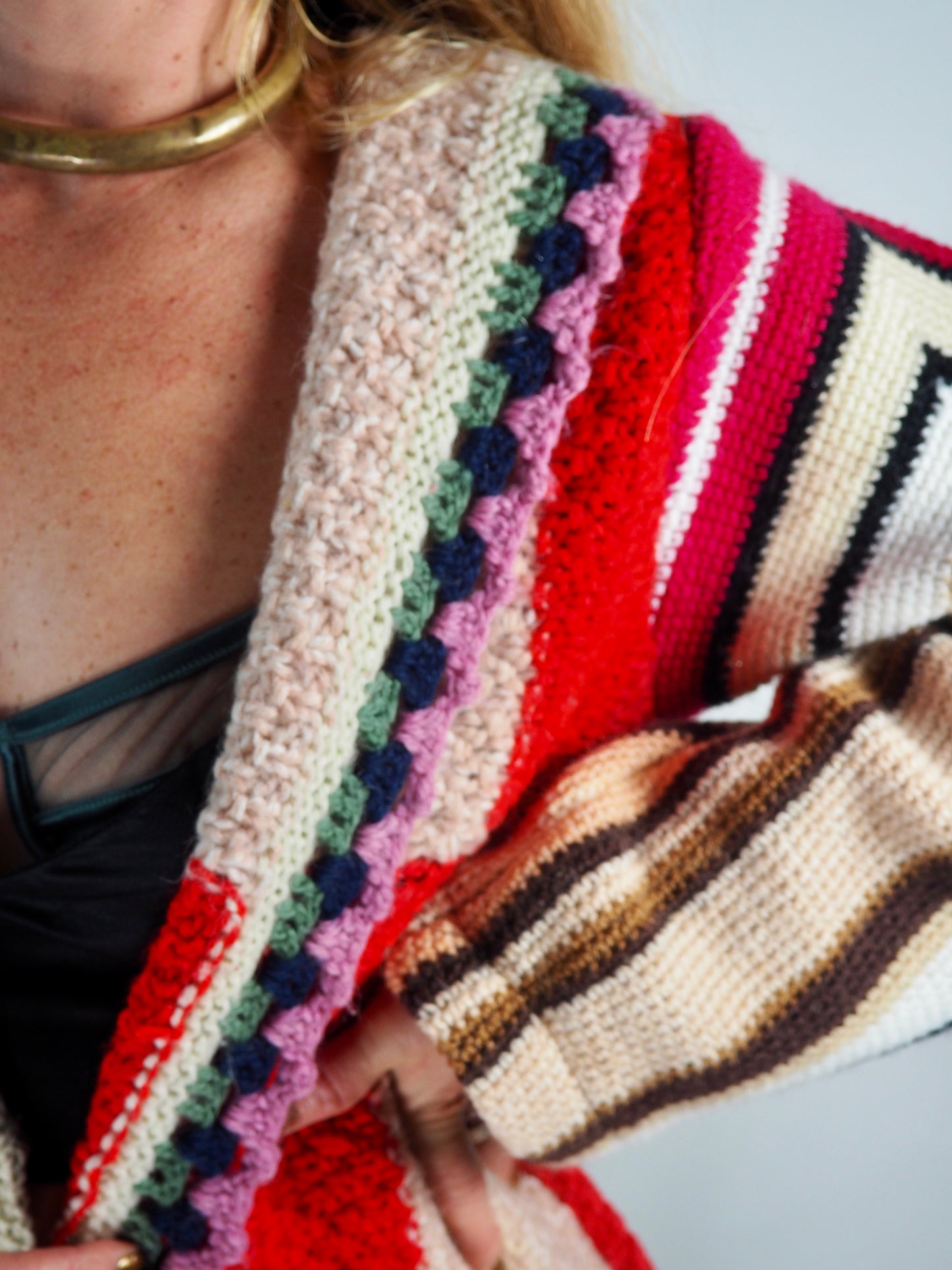 This one-of-a-kind vintage jacket is a true statement piece, crafted from a mix of cotton and wool crochet