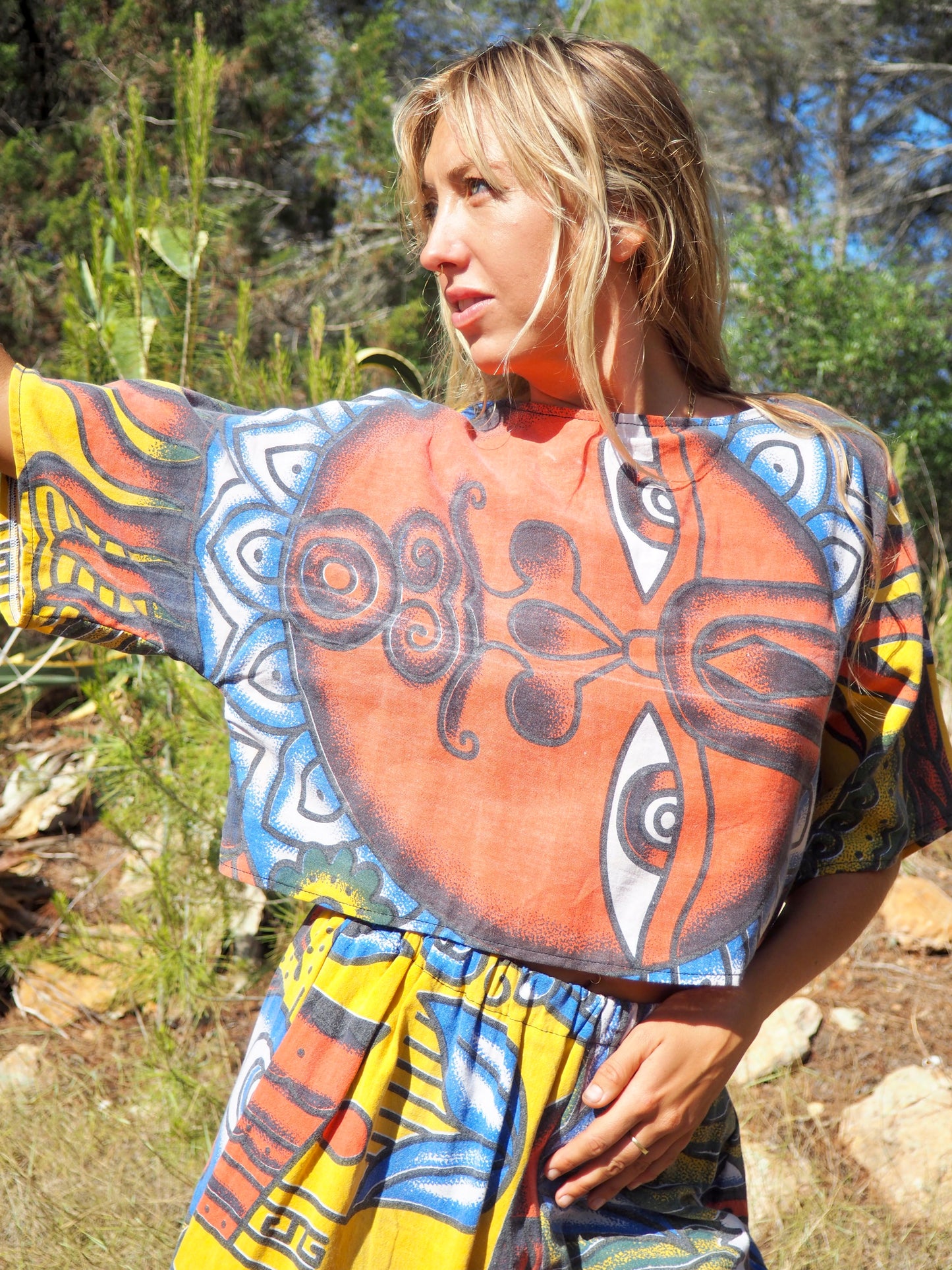 Up-cycled cotton Top with face red blue and yellow print up-cycled by Vagabond Ibiza