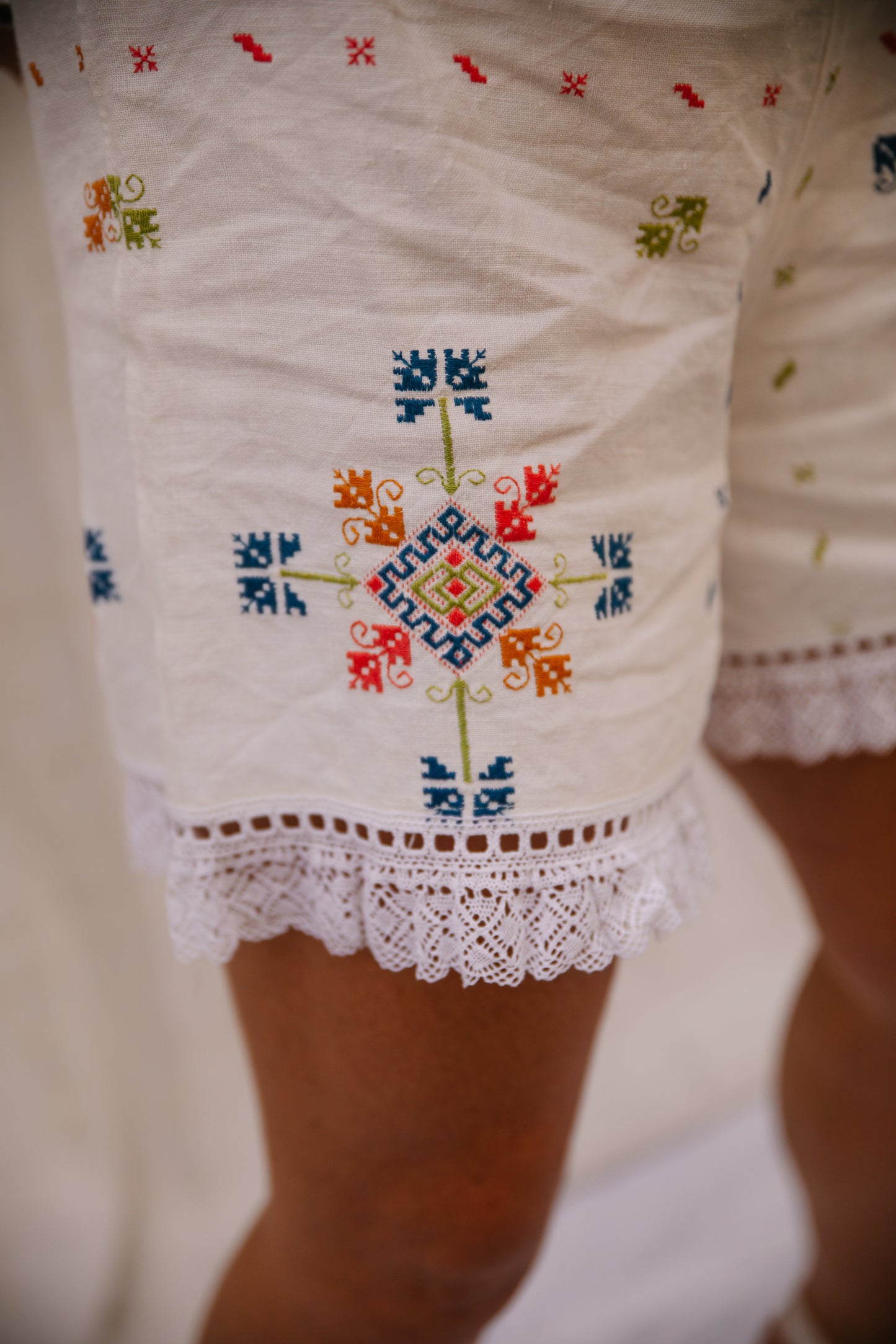 Hand-Embroidered Vintage Linen Shorts with Lace Trim by Vagabond Ibiza