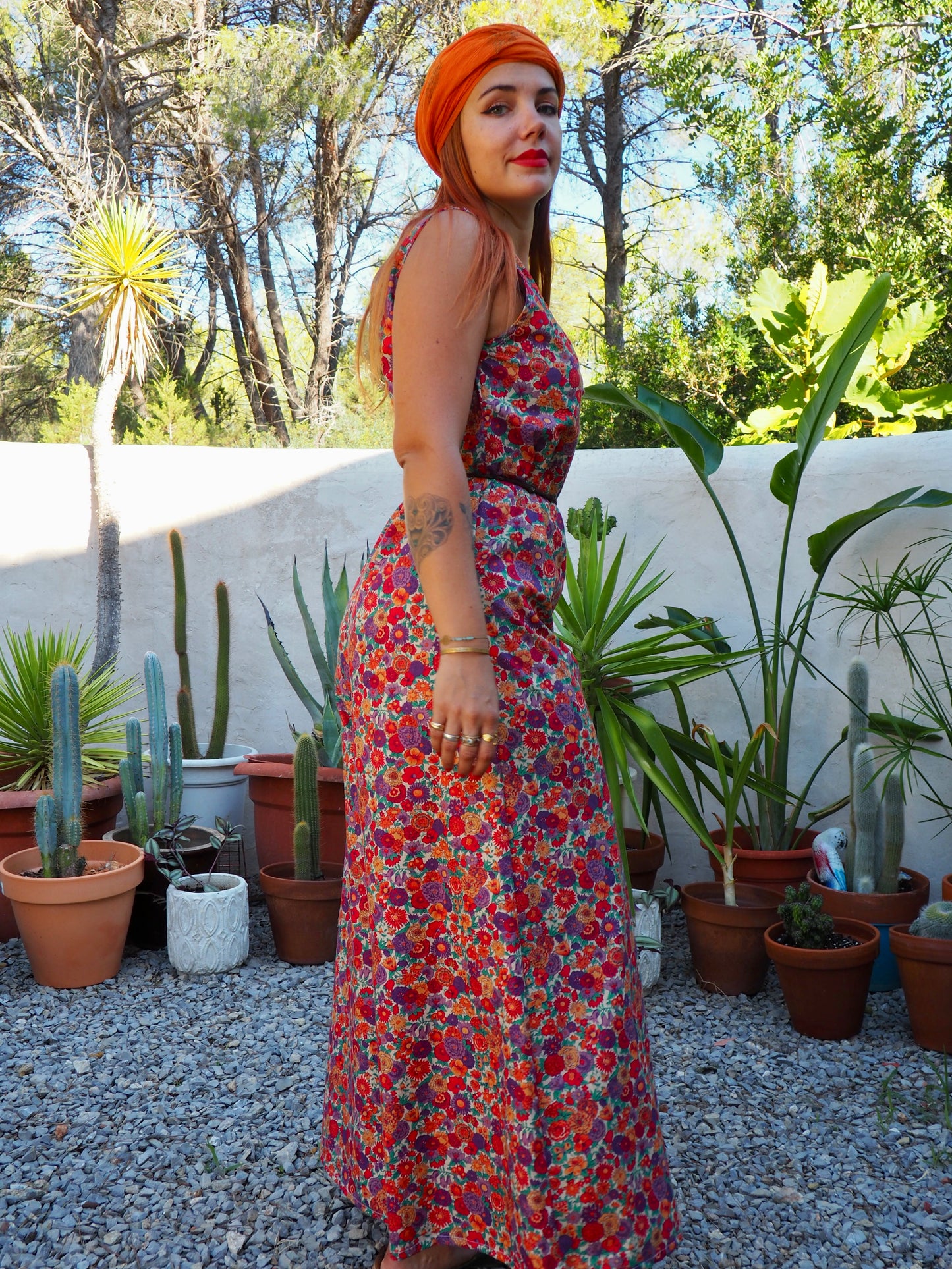 Vintage floral printed jumpsuits with wide leg pants and zip in back for fit up-cycled by Vagabond Ibiza