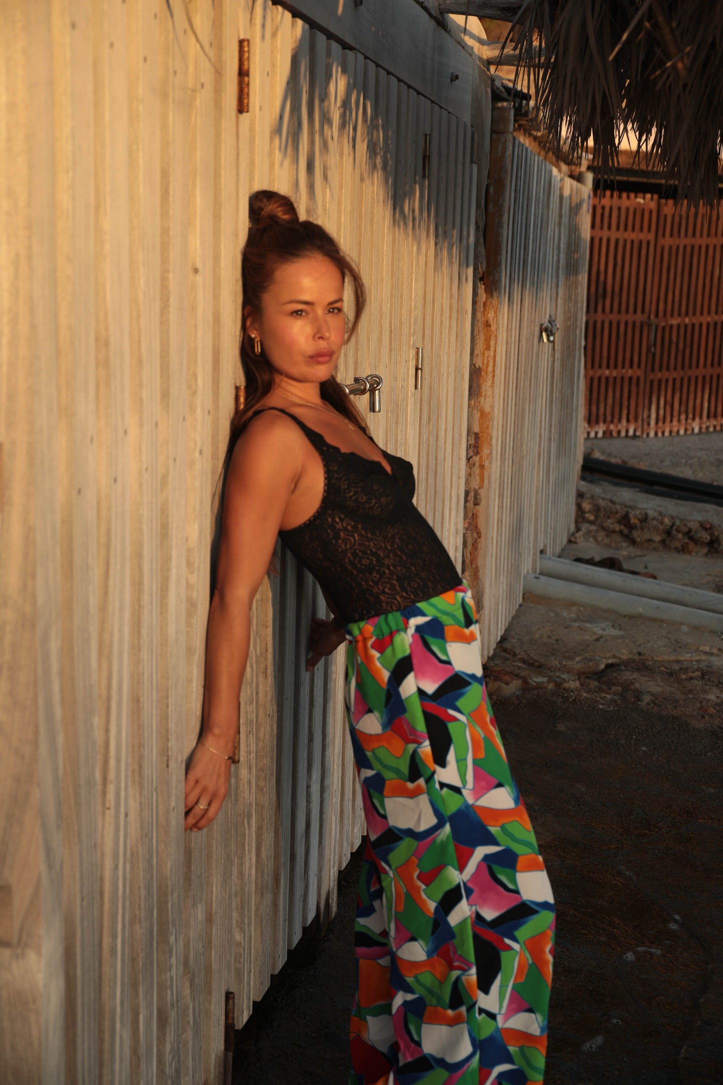 Up-cycled vintage colourful printed wide leg pants made by Vagabond Ibiza with elasticated waist