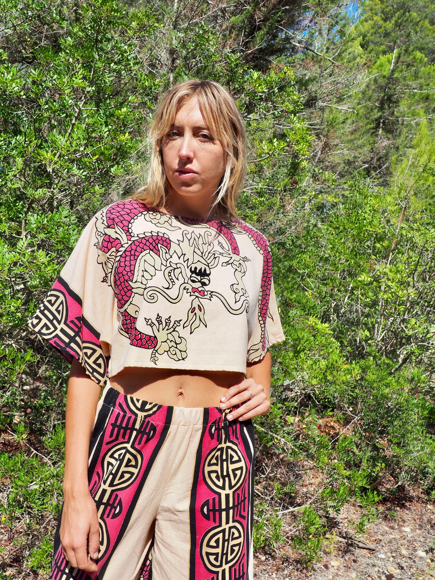 Up-cycled vintage cotton top cream and pink with dragon design by Vagabond Ibiza
