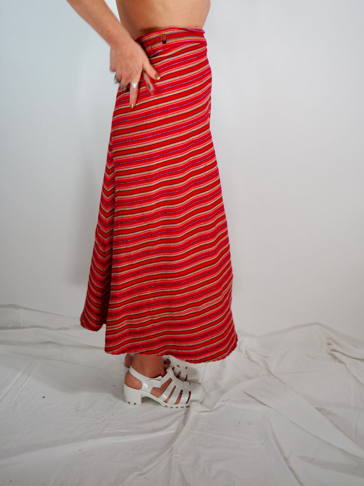 Vintage 1970s Cotton Woven Wrap Skirt – Red & Pink Striped