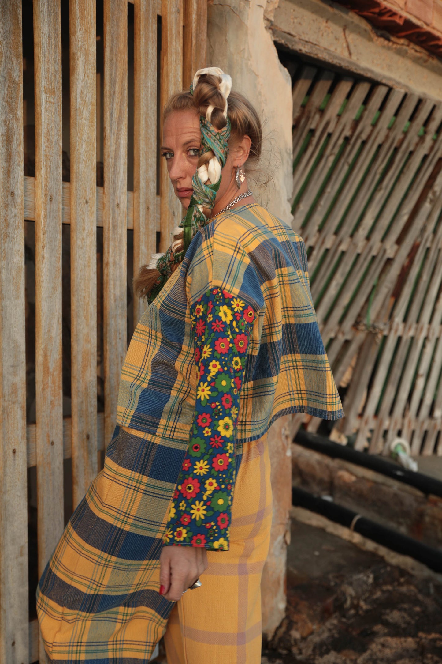 Up-cycled vintage yellow check cotton patchwork jackets with retro 1970’s floral print textiles panel's made by Vagabond Ibiza