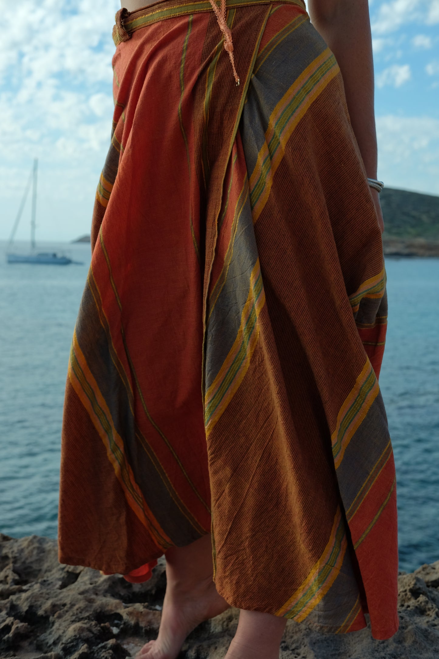 Vintage Indian cotton block printed long length wrap skirt in orange tones