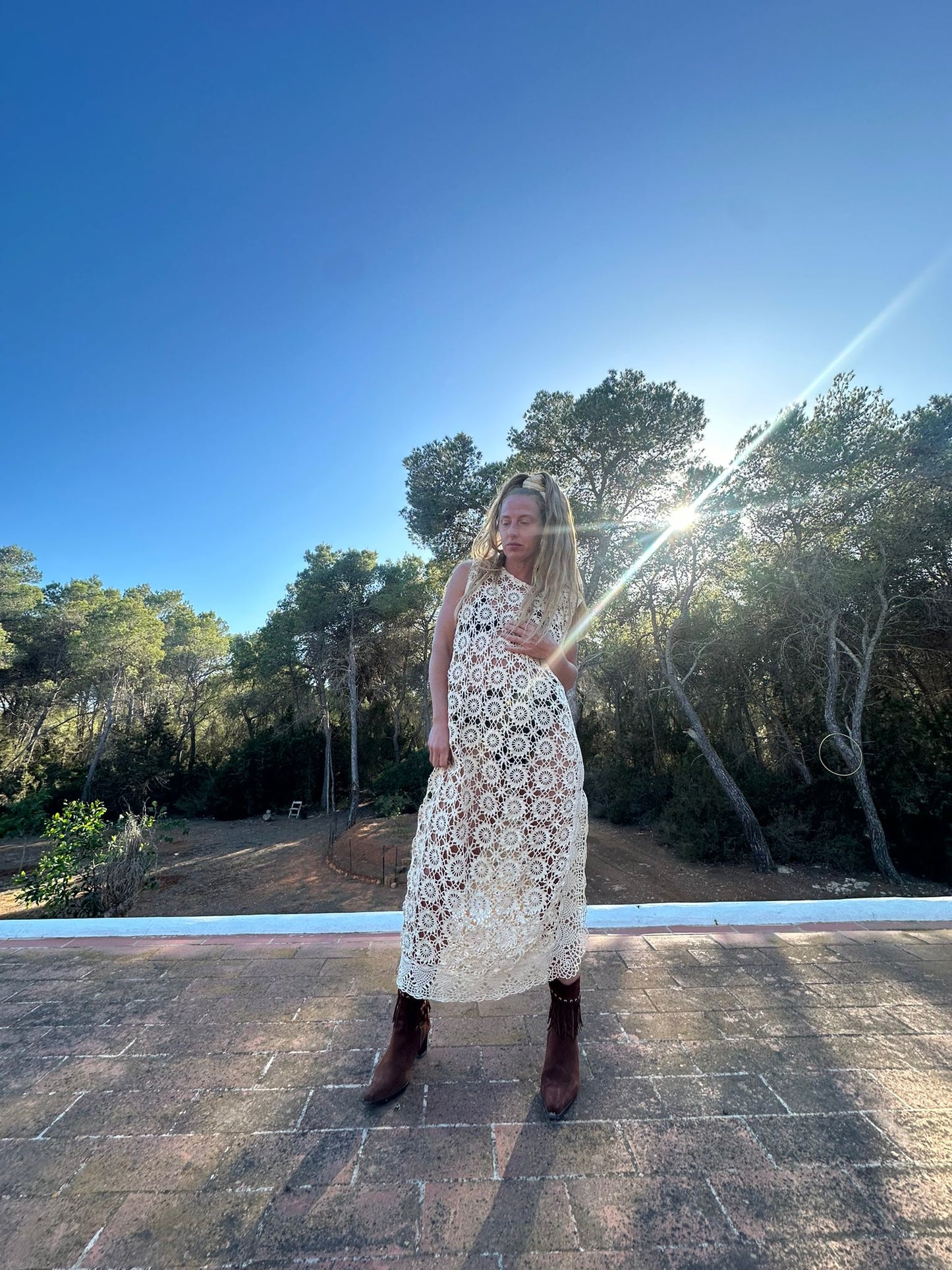 Creamy gold vintage crochet up-cycle long beach cover up with side split Ibiza party dress made by Vagabond Ibiza