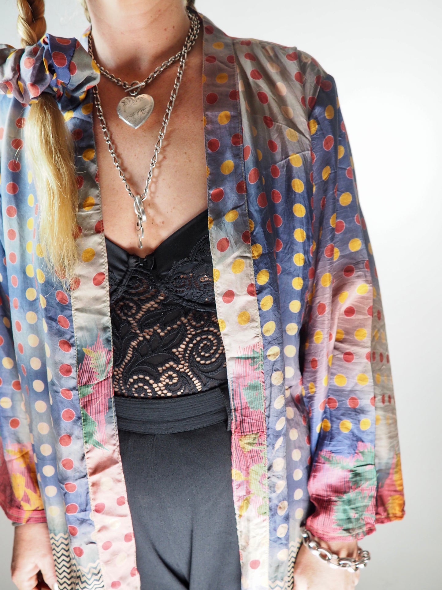 The Kardash Long Kimono – Up-cycled Vintage Sari long Kimono Robe with Waist Tie + Matching Scrunchy & Storage Bag