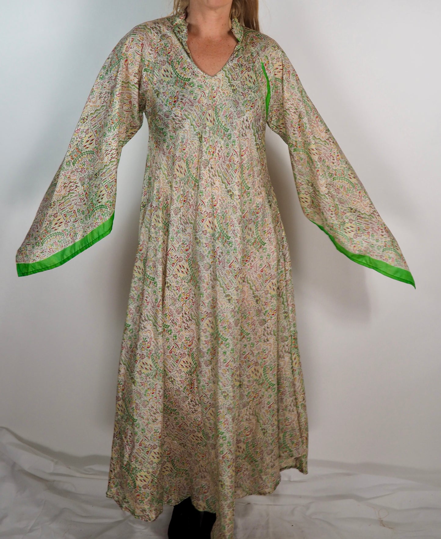The Diamond Bias-Cut Maxi Dress – Up-cycled Vintage Sari Sustainable Dress with angel Sleeves + Matching Scrunchy & Bag